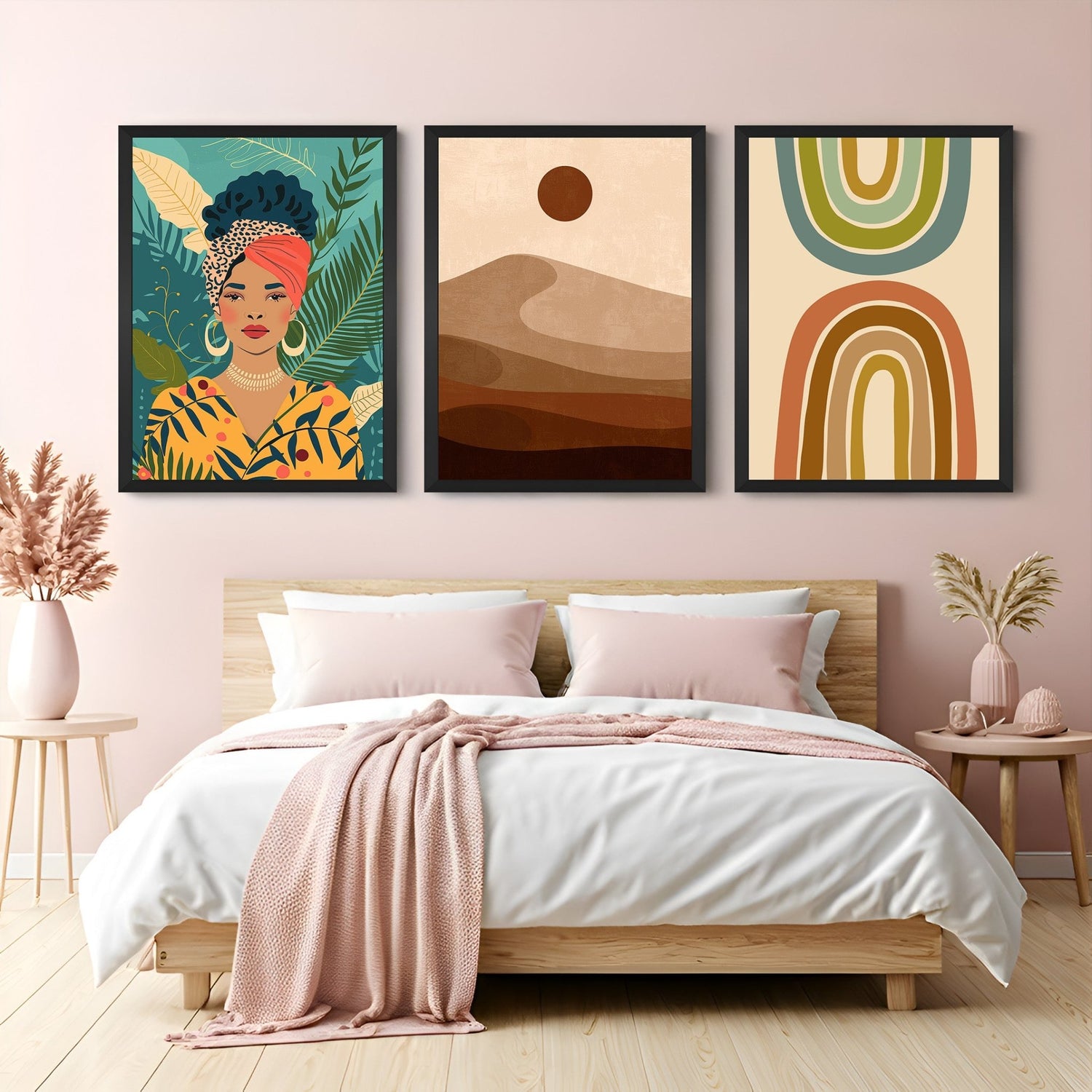 Boho wall art set of 3 featuring a woman in floral background, warm desert scenery, and abstract minimal art in earthy tones – ideal for modern interiors
