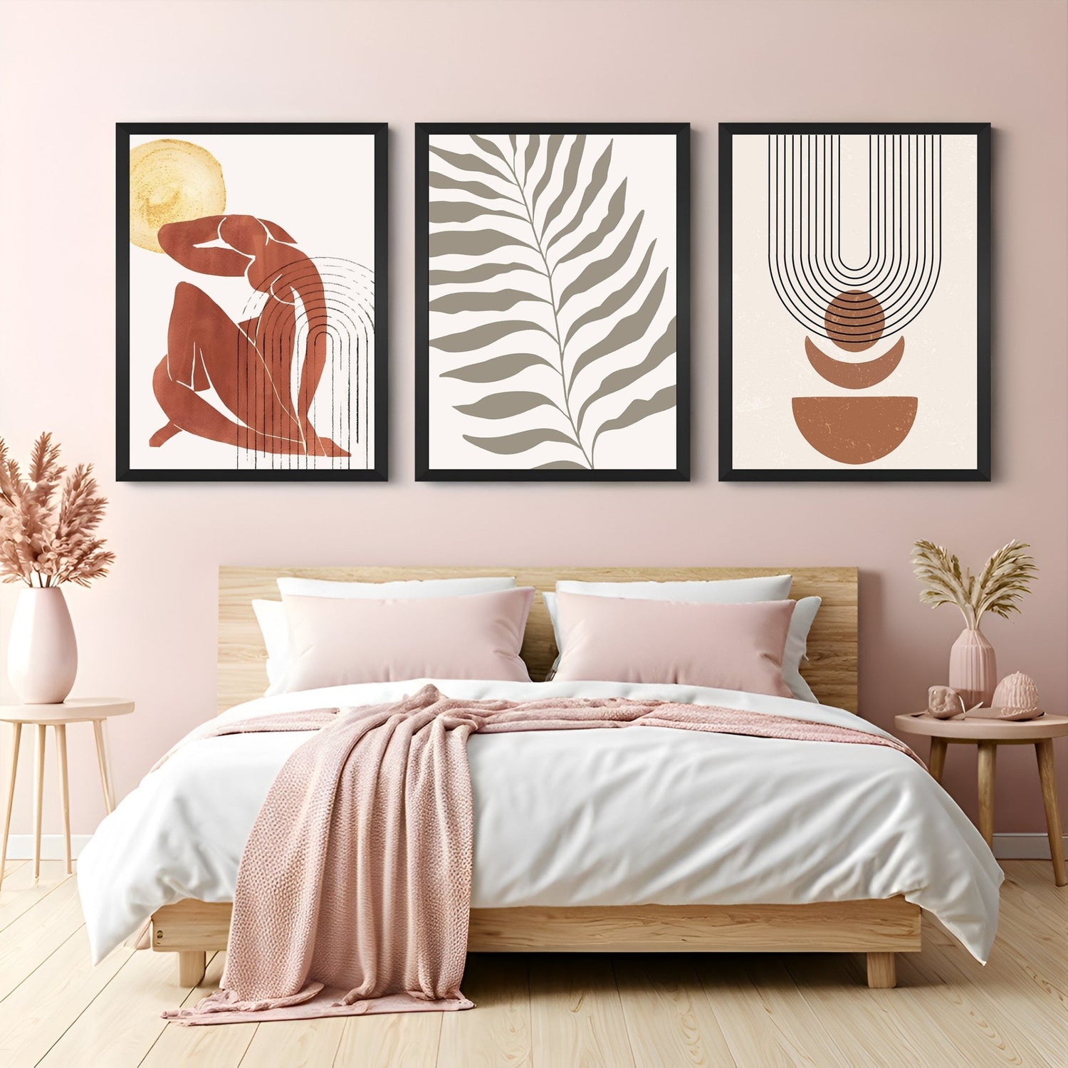 Set of 3 bohemian wall art prints featuring a painted woman, abstract leaf art, and minimal lines with brown circle – perfect for modern interiors