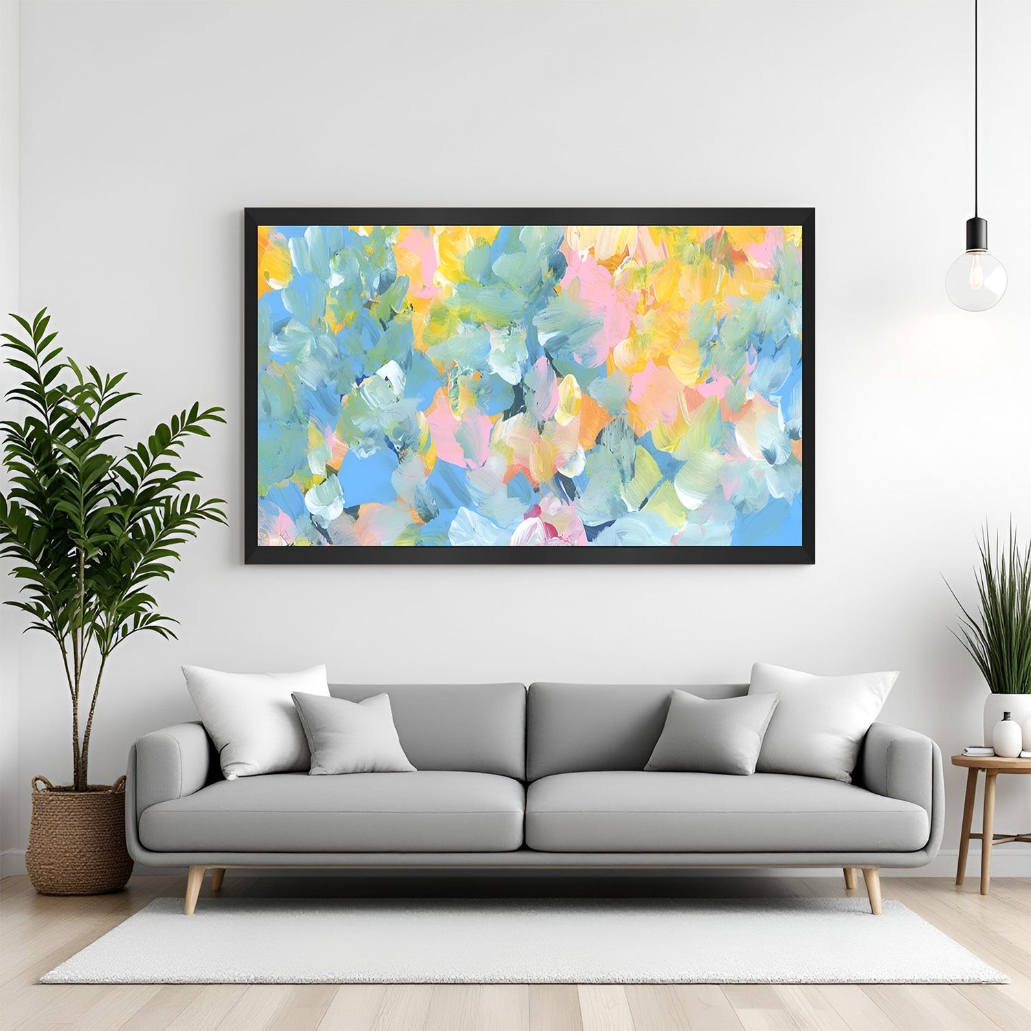Bold abstract canvas print with random color strokes in black floater frame