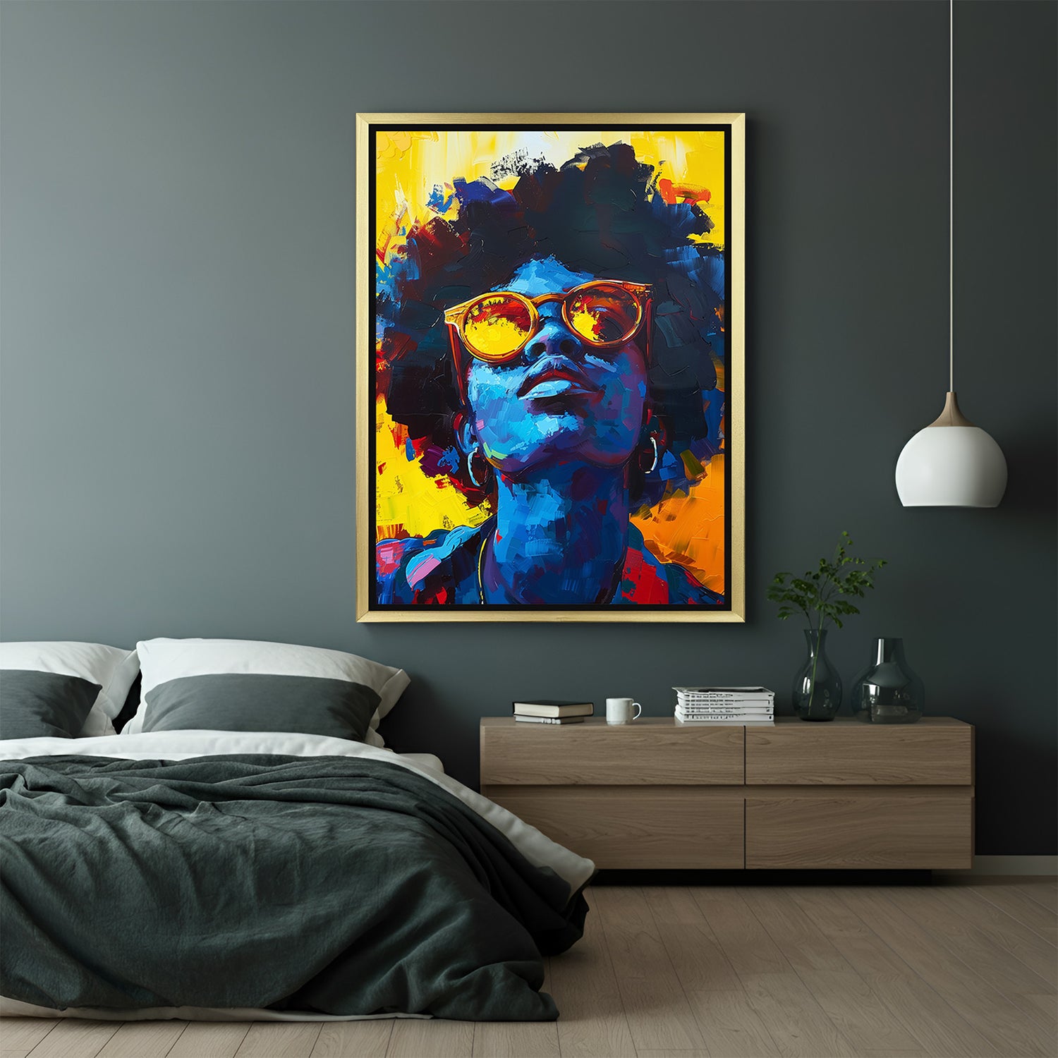 Golden-framed African American portrait wall art with sunglasses and cultural flair, designed for contemporary and Afrocentric interiors