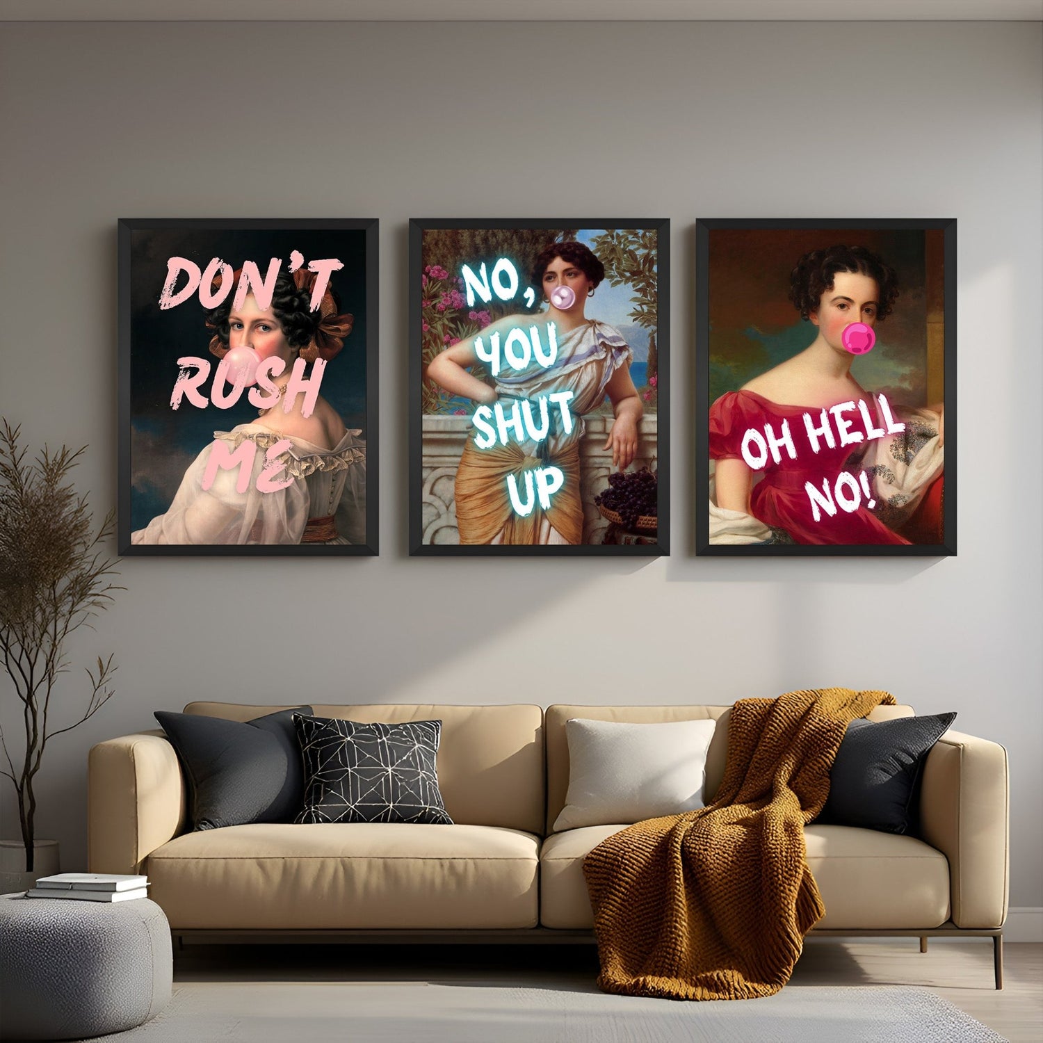 Canvas wall art trio featuring three bold portraits with sassy quotes in black floater frames, styled in a modern bedroom setup to showcase humor and personality in home decor