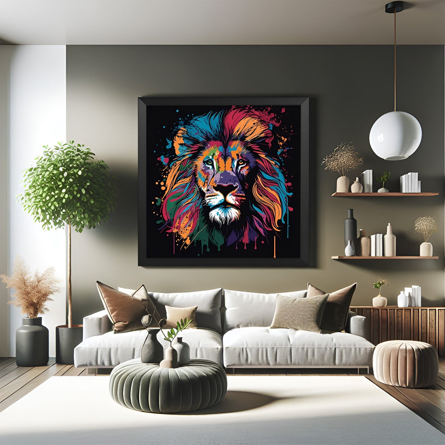 Painted style lion face wall art with vibrant colors and black floater frame, ideal for expressive living rooms or creative spaces
