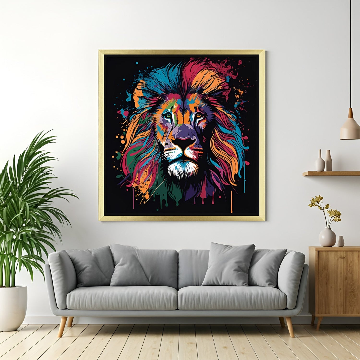 Lion canvas painting with color explosion on black canvas and golden frame, designed to elevate bold home interiors with power and style