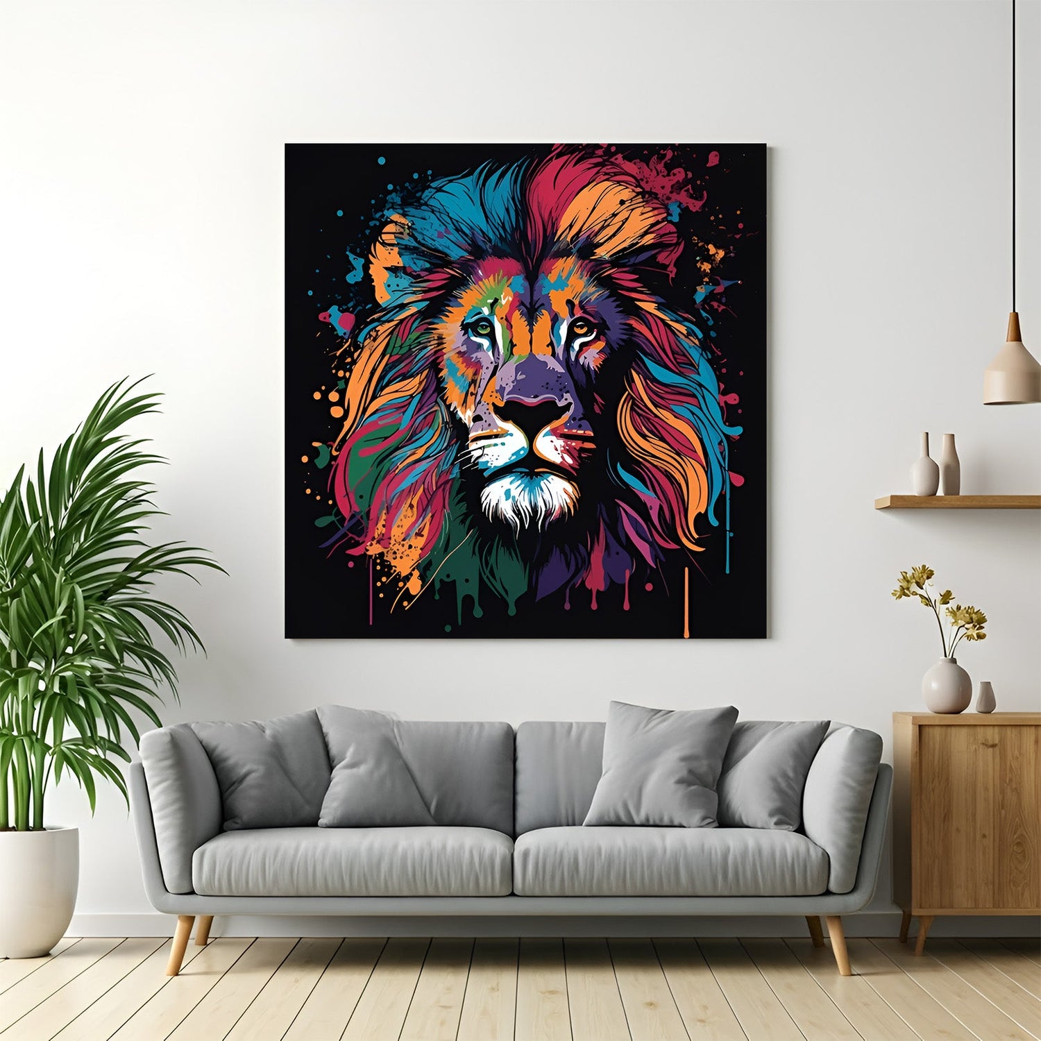 Bold lion face canvas painting in color splash style on black background, perfect for modern bold interiors and statement wall decor