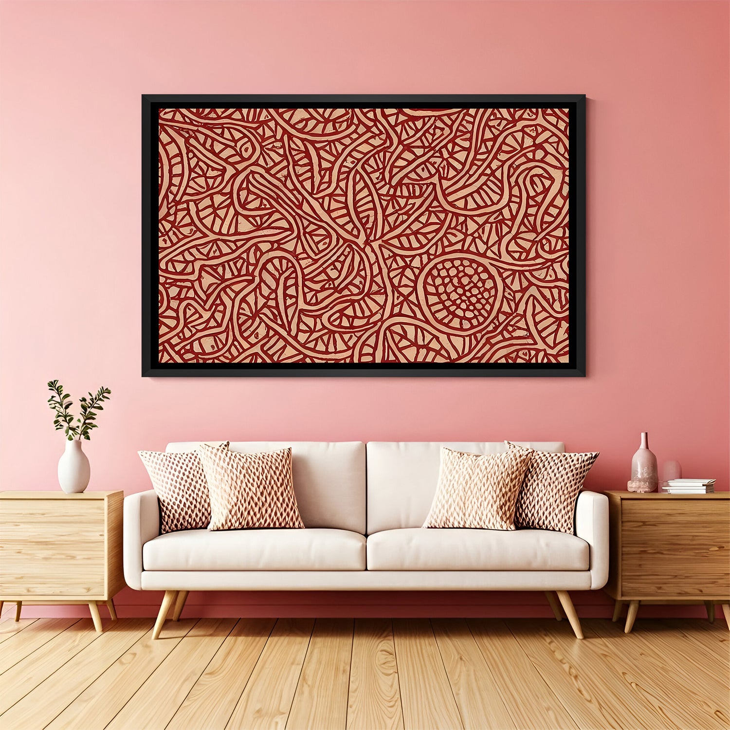 Bold red Kalamkari wall painting in elegant black floater frame for modern luxury interiors