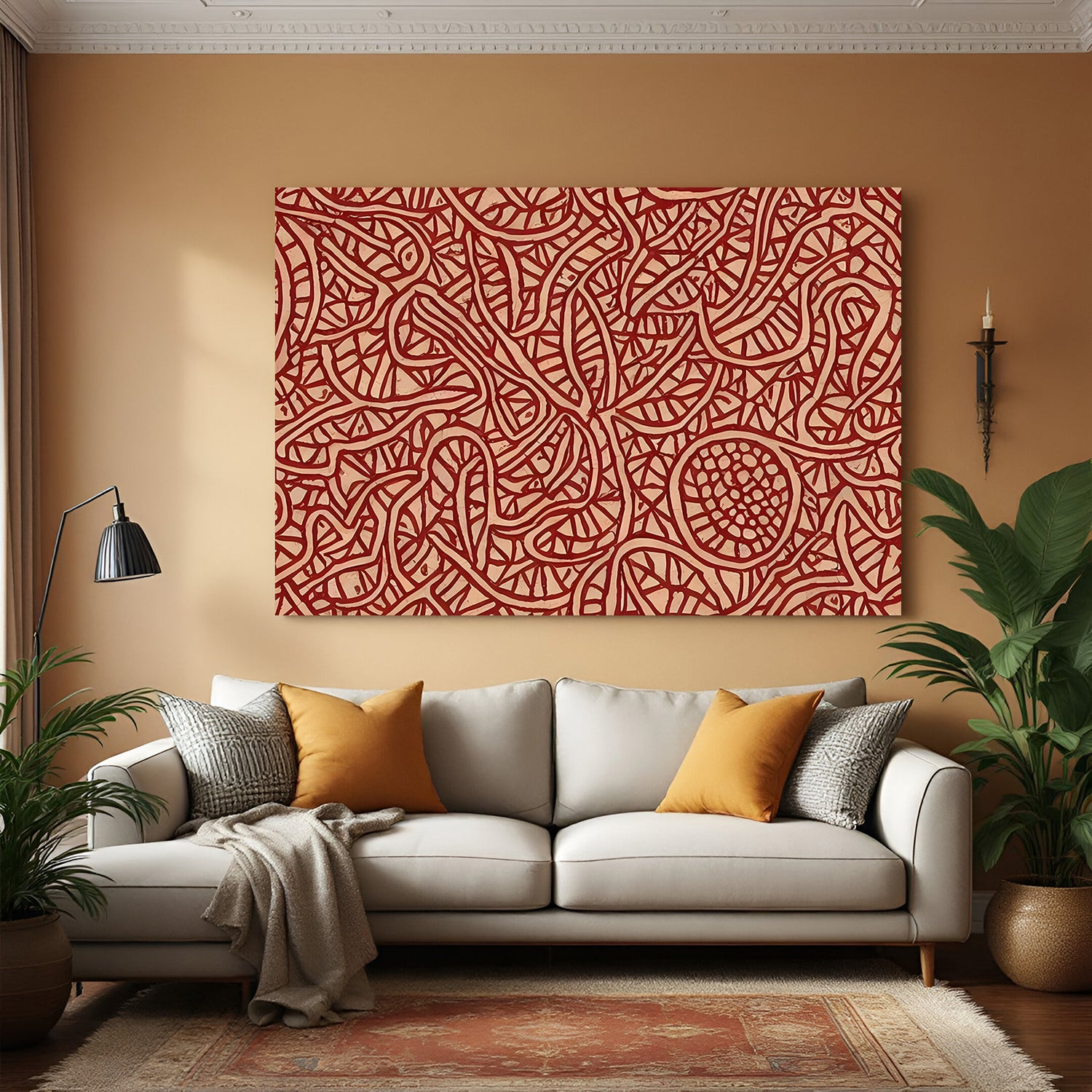 Bold red pattern Kalamkari canvas wall art in premium canvas wrapped frame with intricate handcrafted detailing