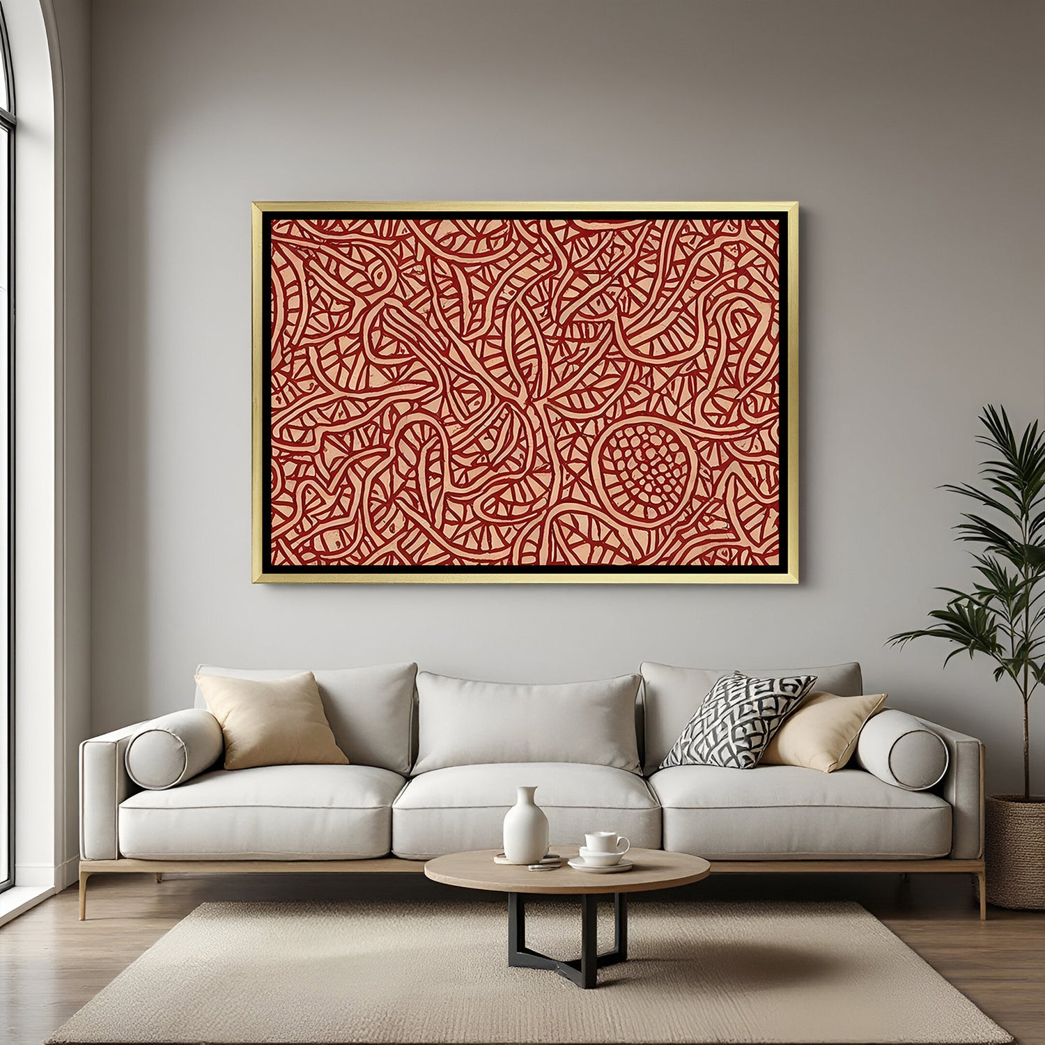 Luxury red pattern Kalamkari artwork in golden floater frame with traditional ornamental design