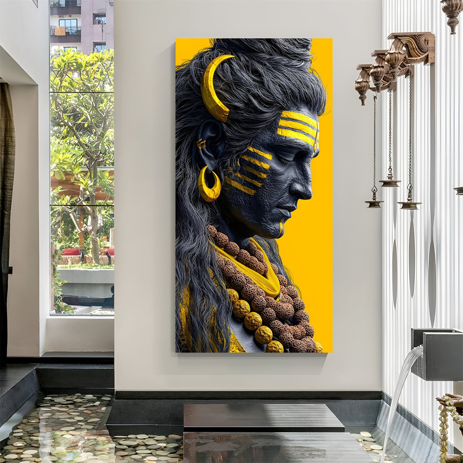 Bold Shiva side profile canvas wrap wall art modern yellow Mahadev portrait painting for home decor India