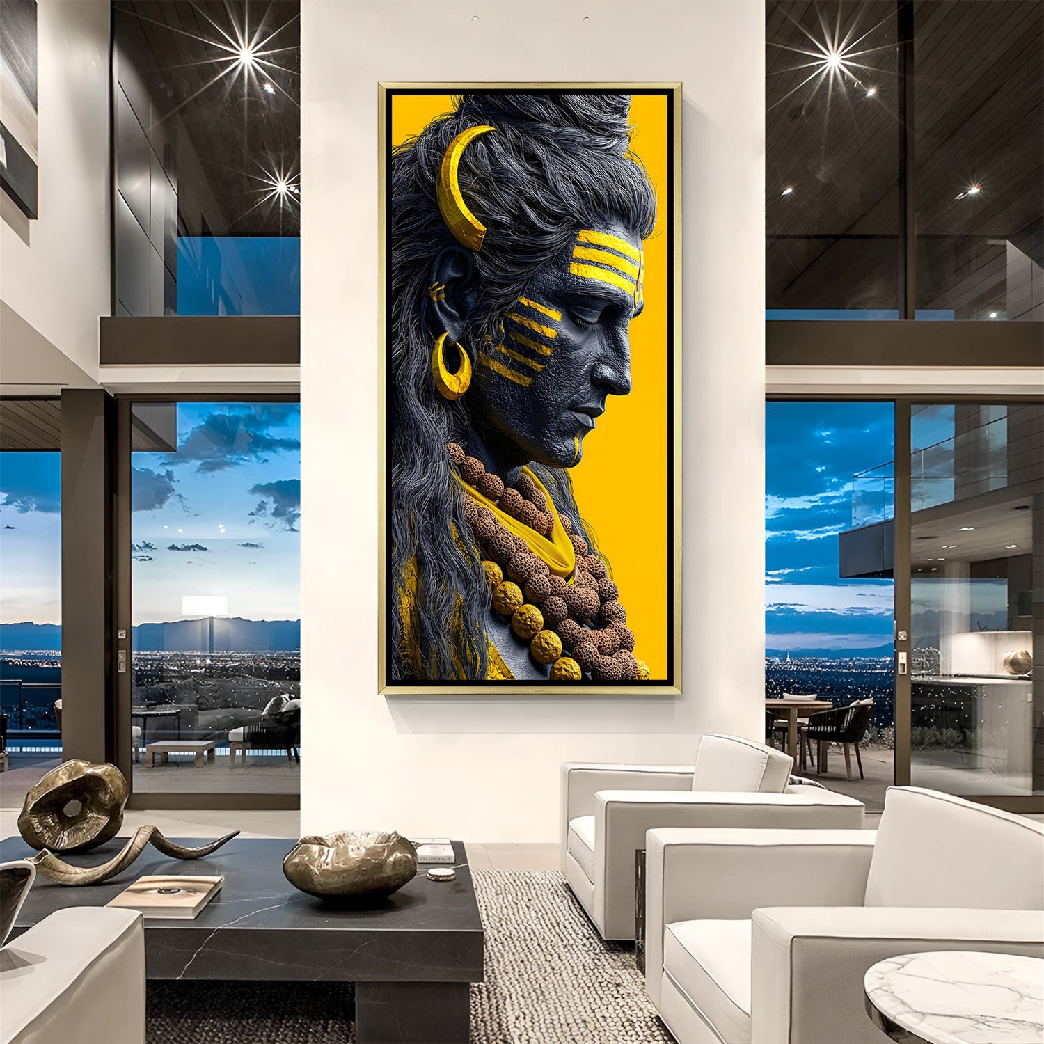 Bold Shiva side profile canvas wall art in golden floater frame luxury Hindu decor India