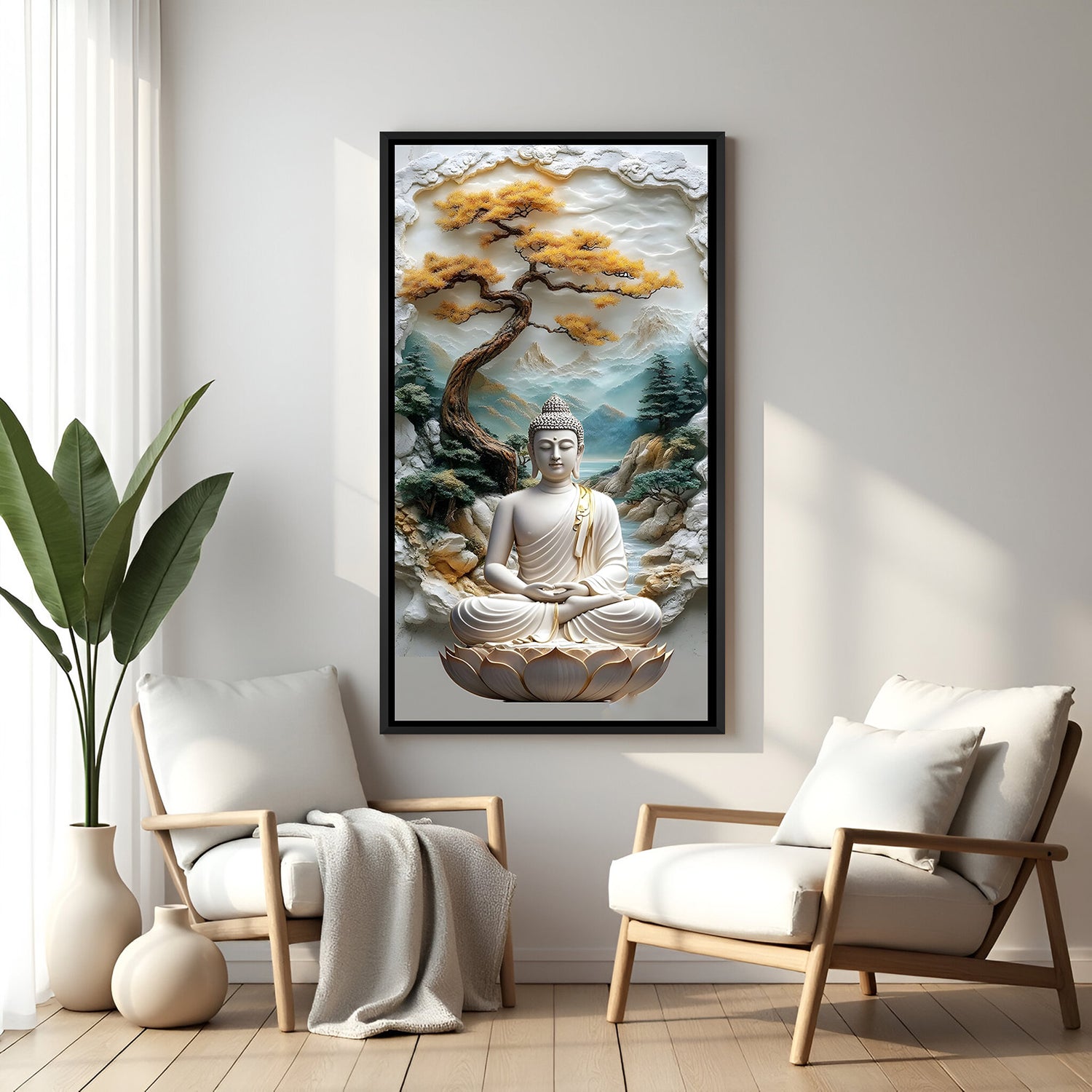 Bonsai Mountain Buddha spiritual canvas artwork in premium black floater frame