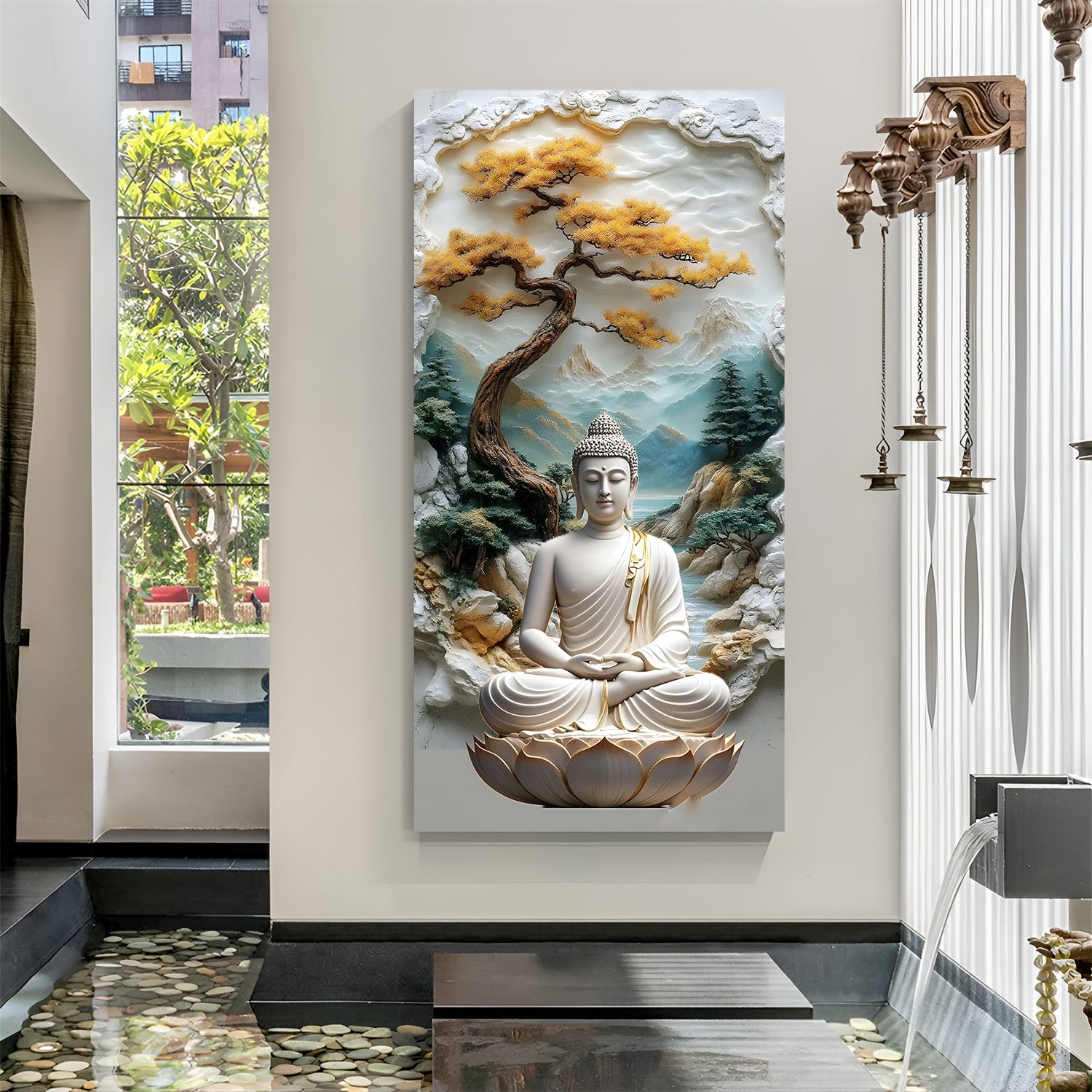 Bonsai Mountain Buddha canvas painting with Zen meditation artwork in canvas wrapped frame