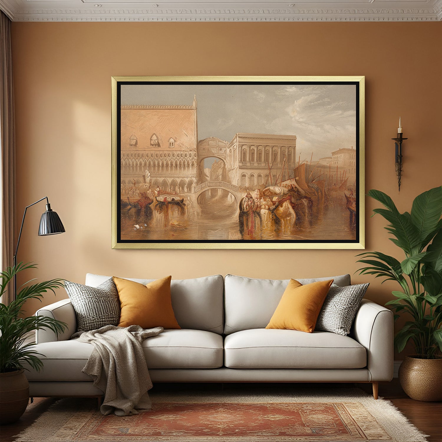 Golden-framed vintage canvas of Venice’s Bridge of Sighs—classic European scene for historical decor