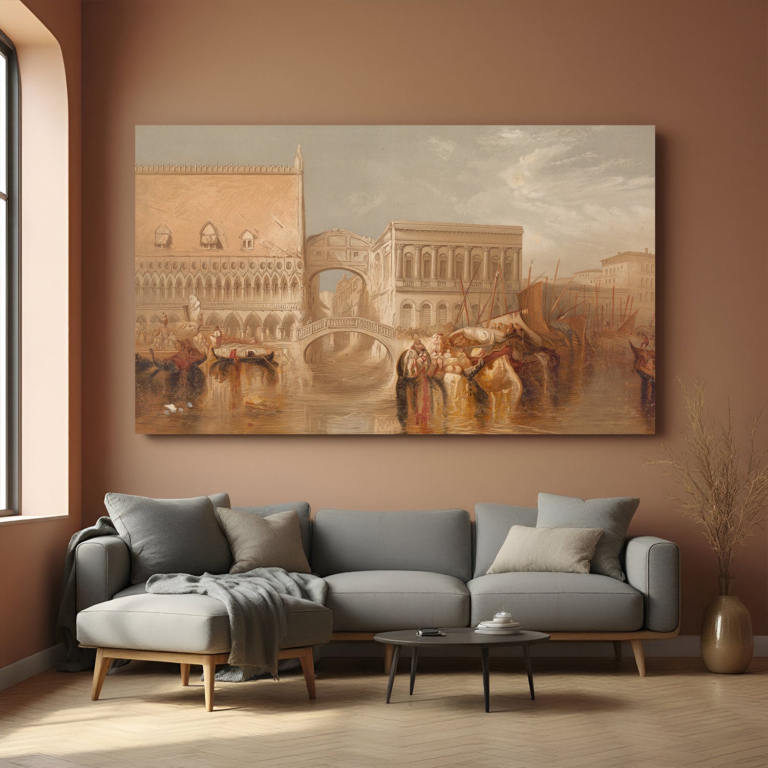 Vintage canvas wall art of the Bridge of Sighs in Venice—aged painting style with classical architecture
