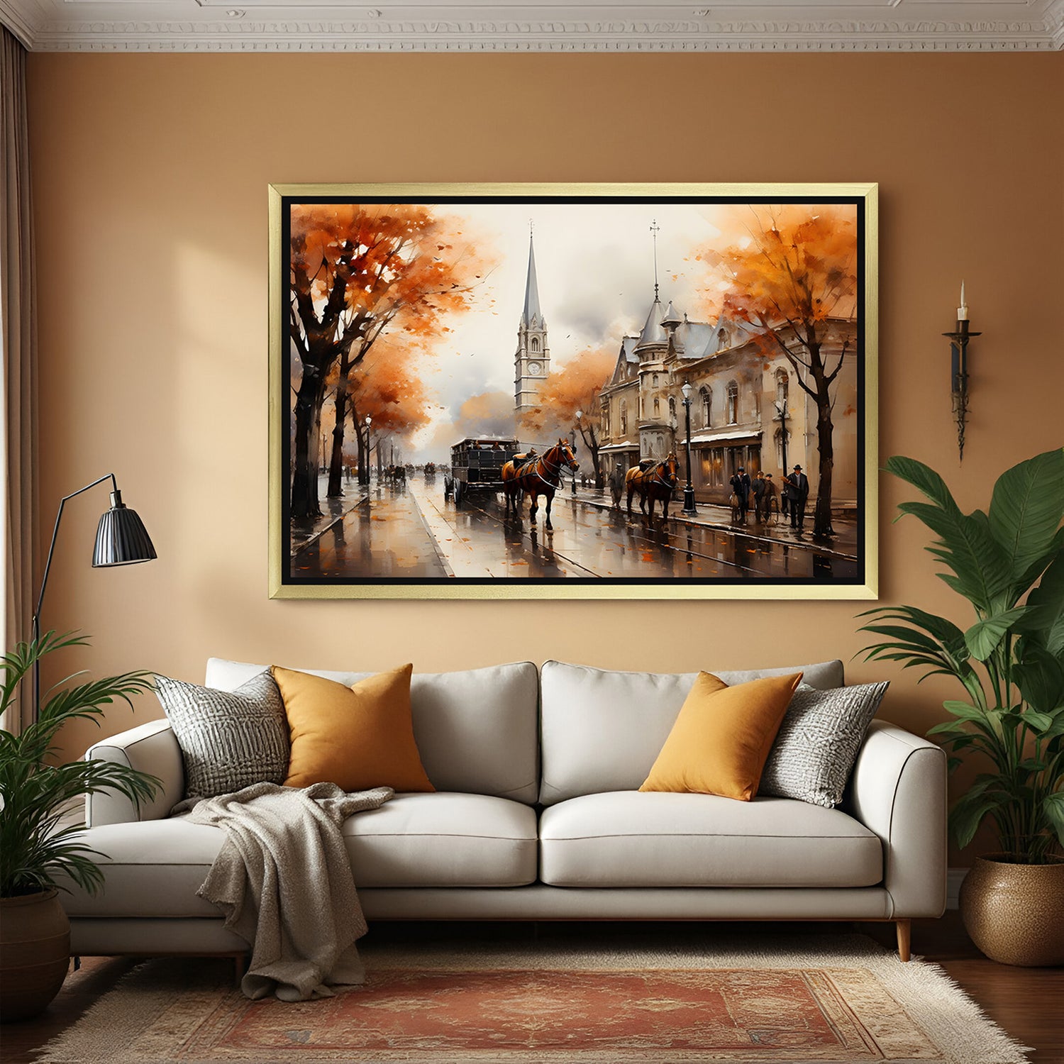 Golden-framed canvas wall art of vintage British city with horse-drawn carriage and fall leaves