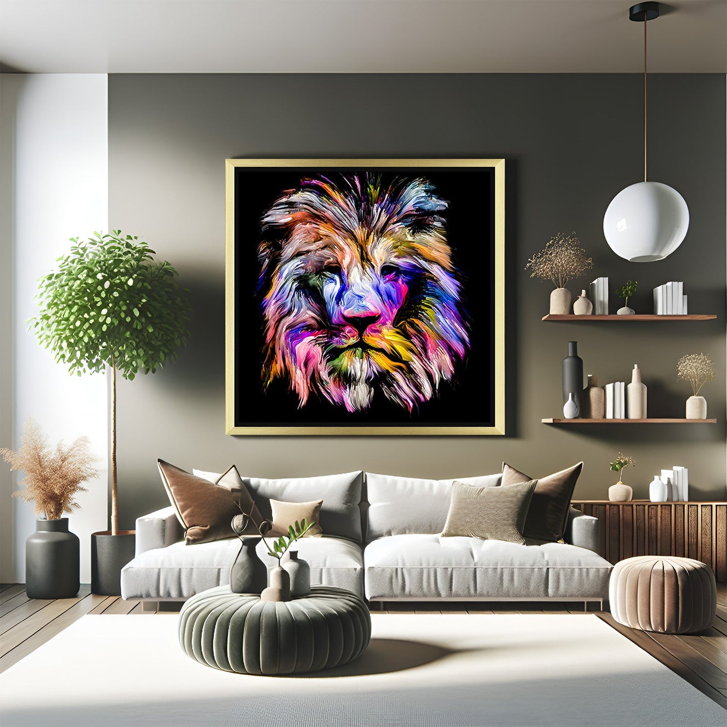 Striking lion painting in golden frame on black canvas, featuring brushstroke color technique ideal for statement walls in homes or offices