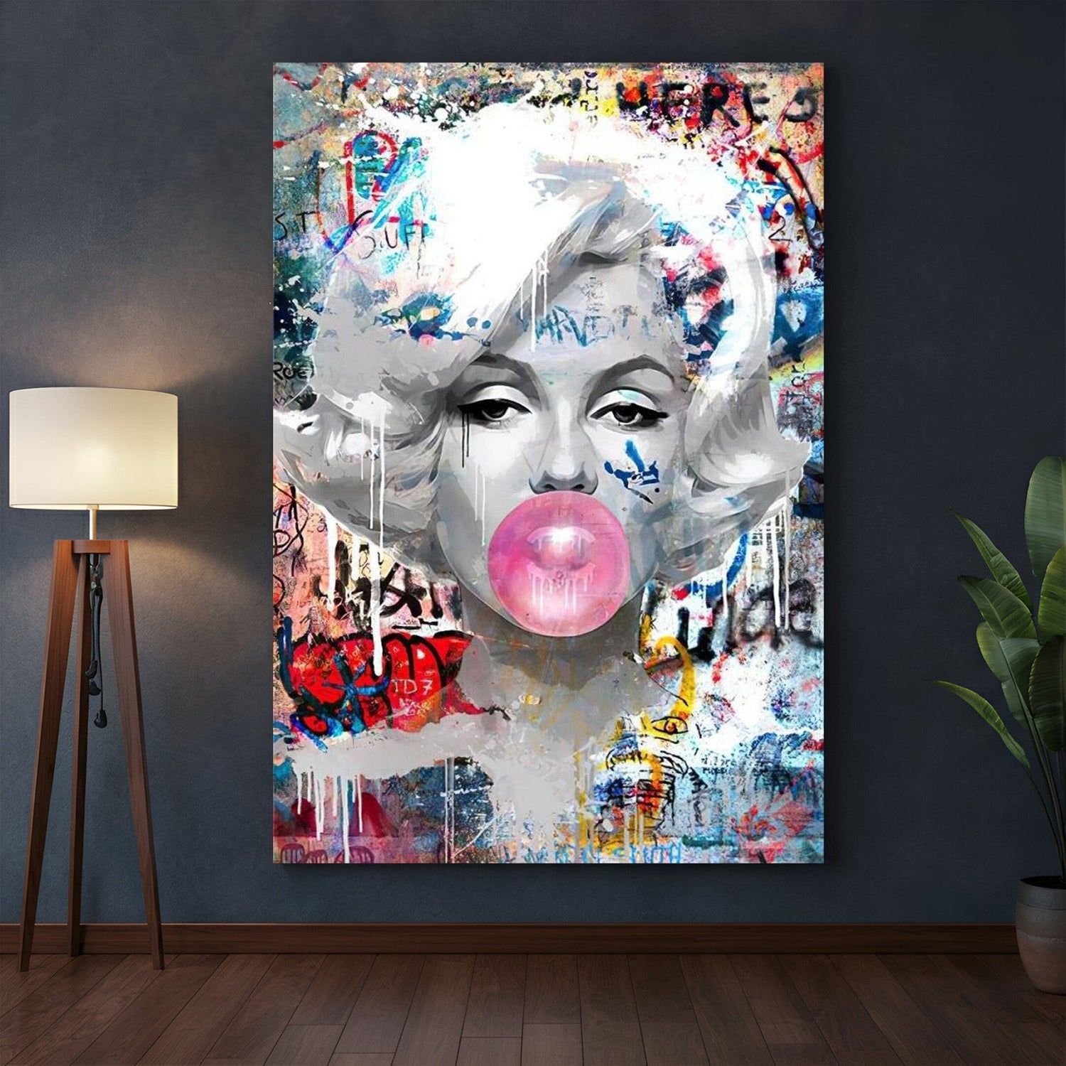 Altered art canvas of a fashionable woman blowing bubblegum in a quirky, modern style with pop colors and edgy textures—perfect for bold home or office wall decor