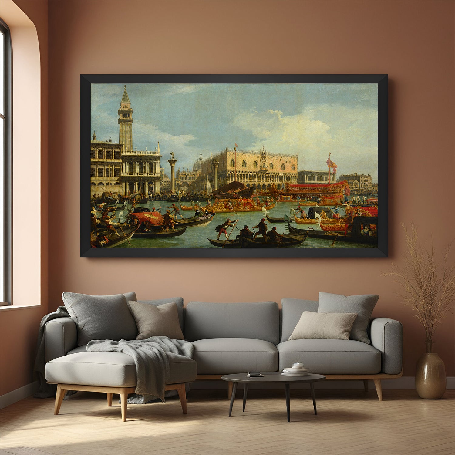 Black-framed canvas wall art of Canaletto’s ceremonial Bucentaur scene with grand canal and Doge’s Palace