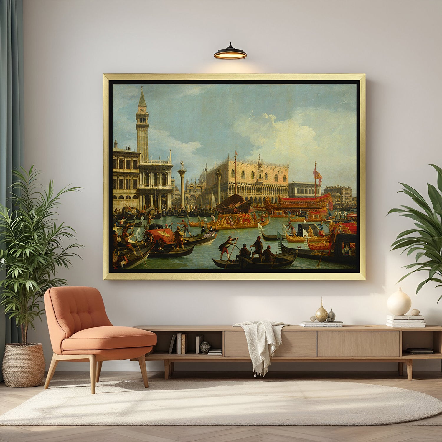 Golden-framed antique-style canvas print of Venice’s Bucentaur procession—historic maritime celebration scene