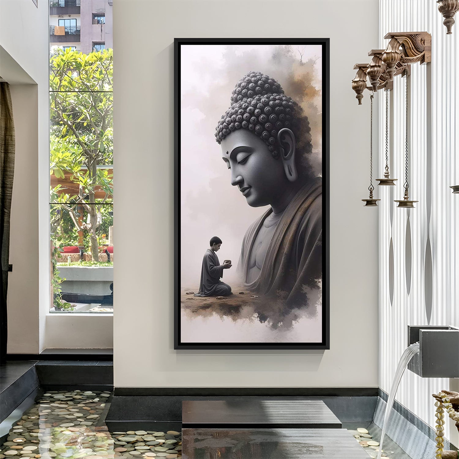 serene buddha ji wall art in elegant black floater frame creating a peaceful and meditative ambiance in home interiors