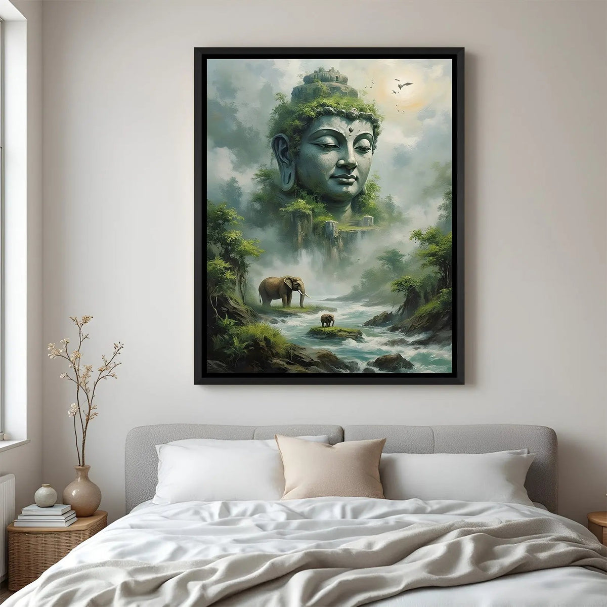 Buddha's Sacred Mountain Arrival wall painting in black floater frame with spiritual mountain and elephant artwork