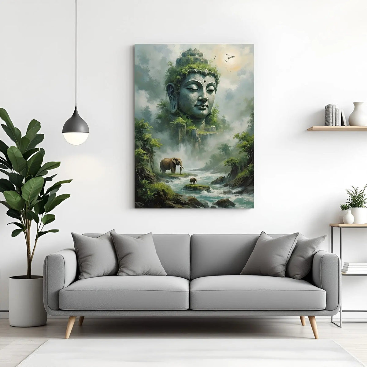 Buddha's Sacred Mountain Arrival canvas wall art featuring Buddha emerging from mountains with two elephants in premium canvas wrapped frame