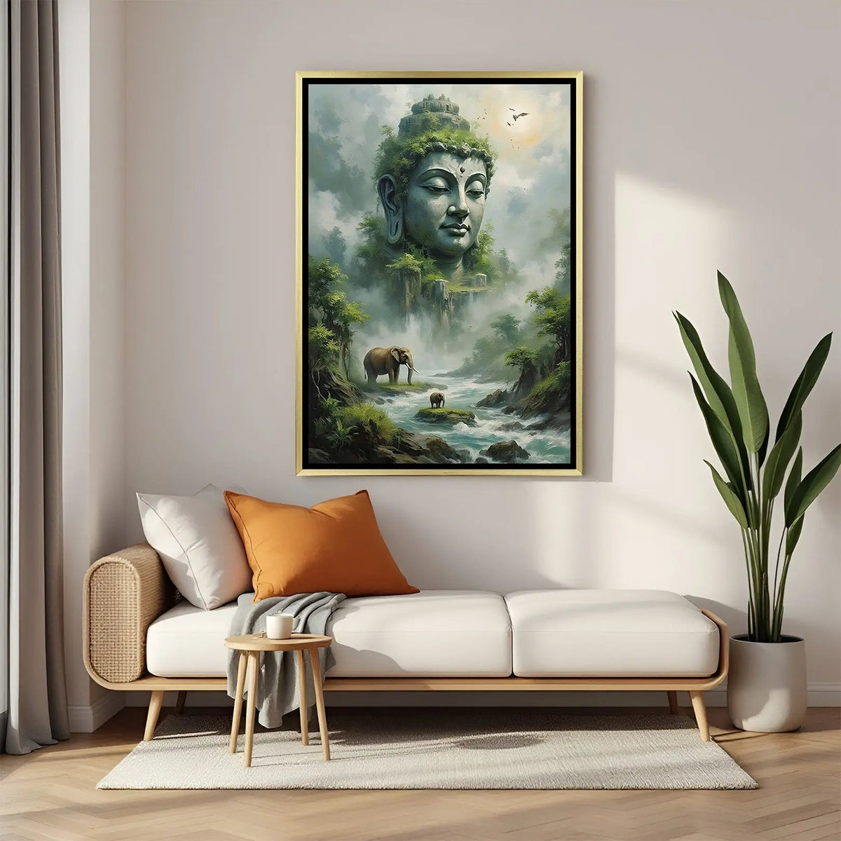Buddha's Sacred Mountain Arrival artwork in luxury golden floater frame featuring Buddha, mountains, and elephants design