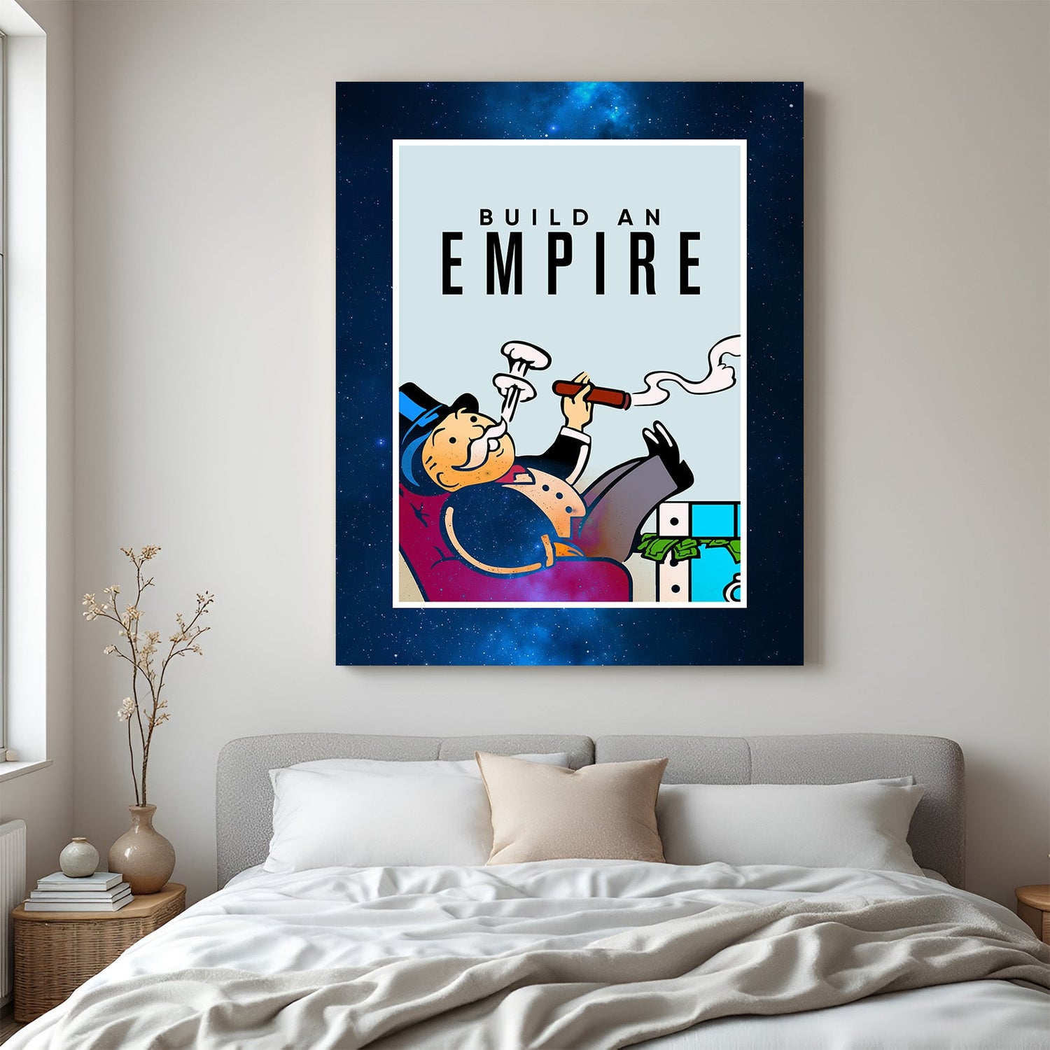 Motivational canvas wall art with Monopoly Man and “Build an Empire” quote