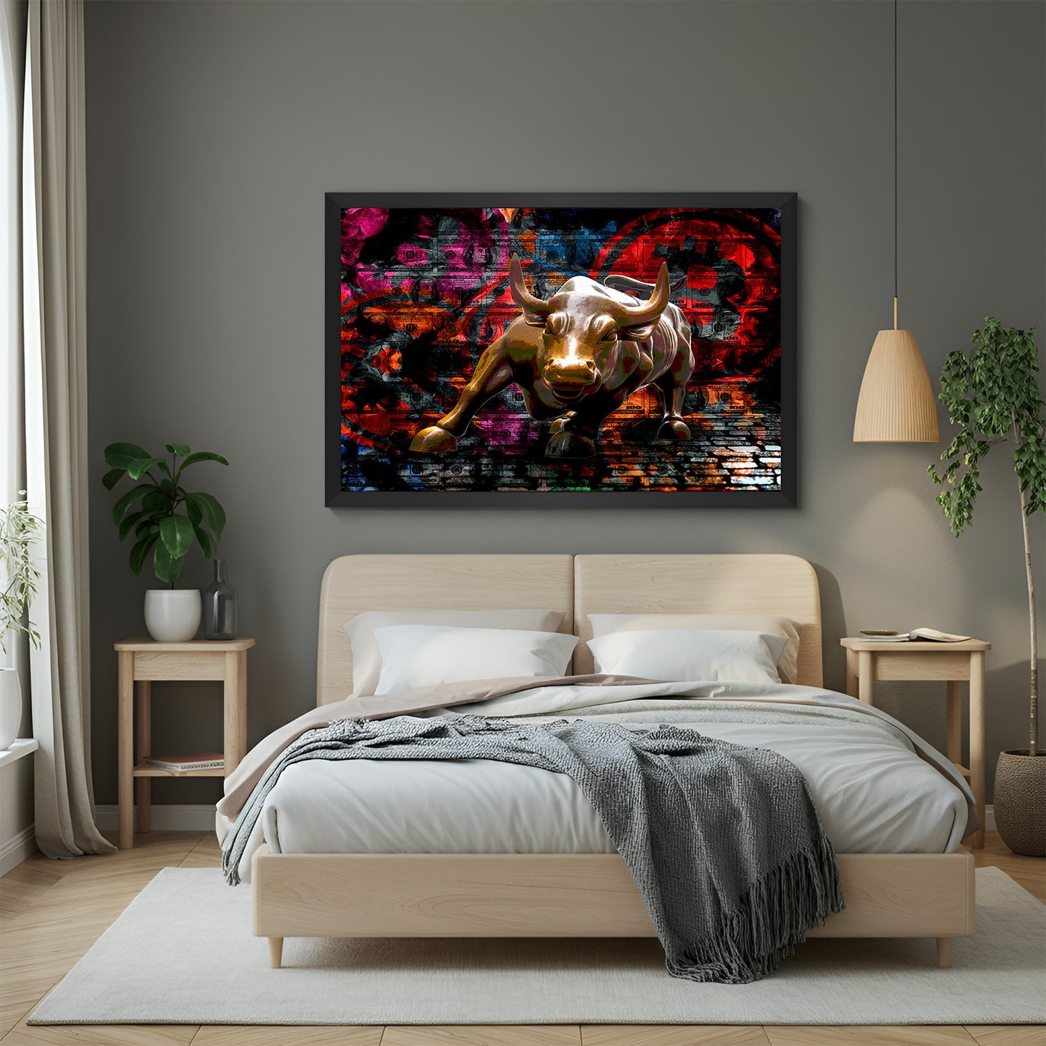Black-framed canvas print of Wall Street Bull in modern art style—ideal for stylish office spaces, business settings, or confident interiors