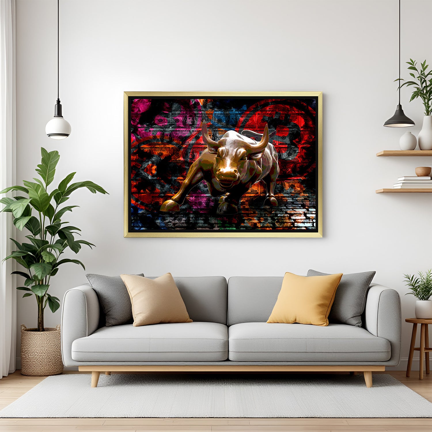 Golden-framed Bull of Wall Street modern canvas—striking and symbolic wall decor for powerful, finance-driven, and motivational spaces