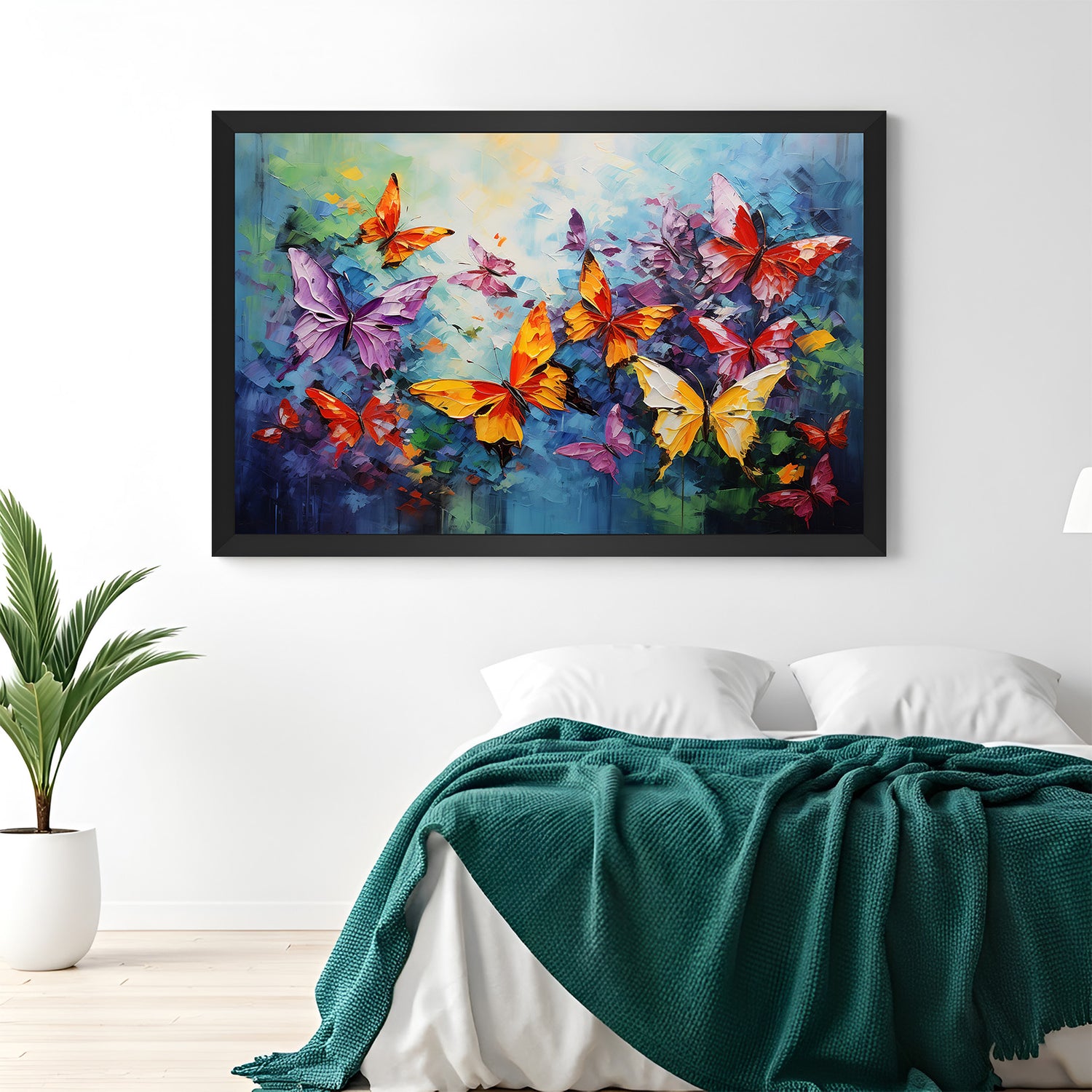Modern butterflies canvas art with black floater frame – artistic abstract wall decor for stylish living rooms, bedrooms, and creative spaces