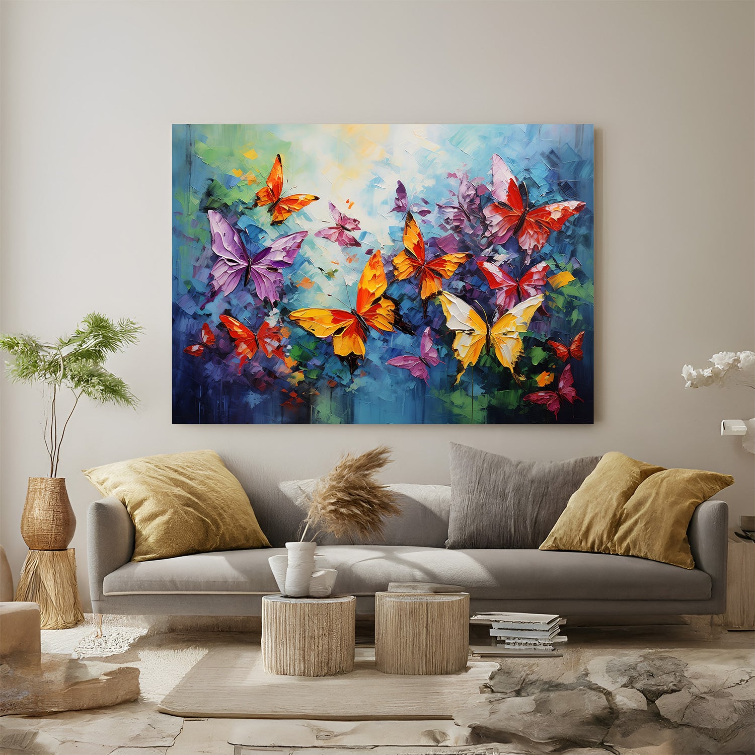 Colorful abstract canvas of many butterflies – vibrant wall art for modern interiors, nature-inspired decor, and creative home styling