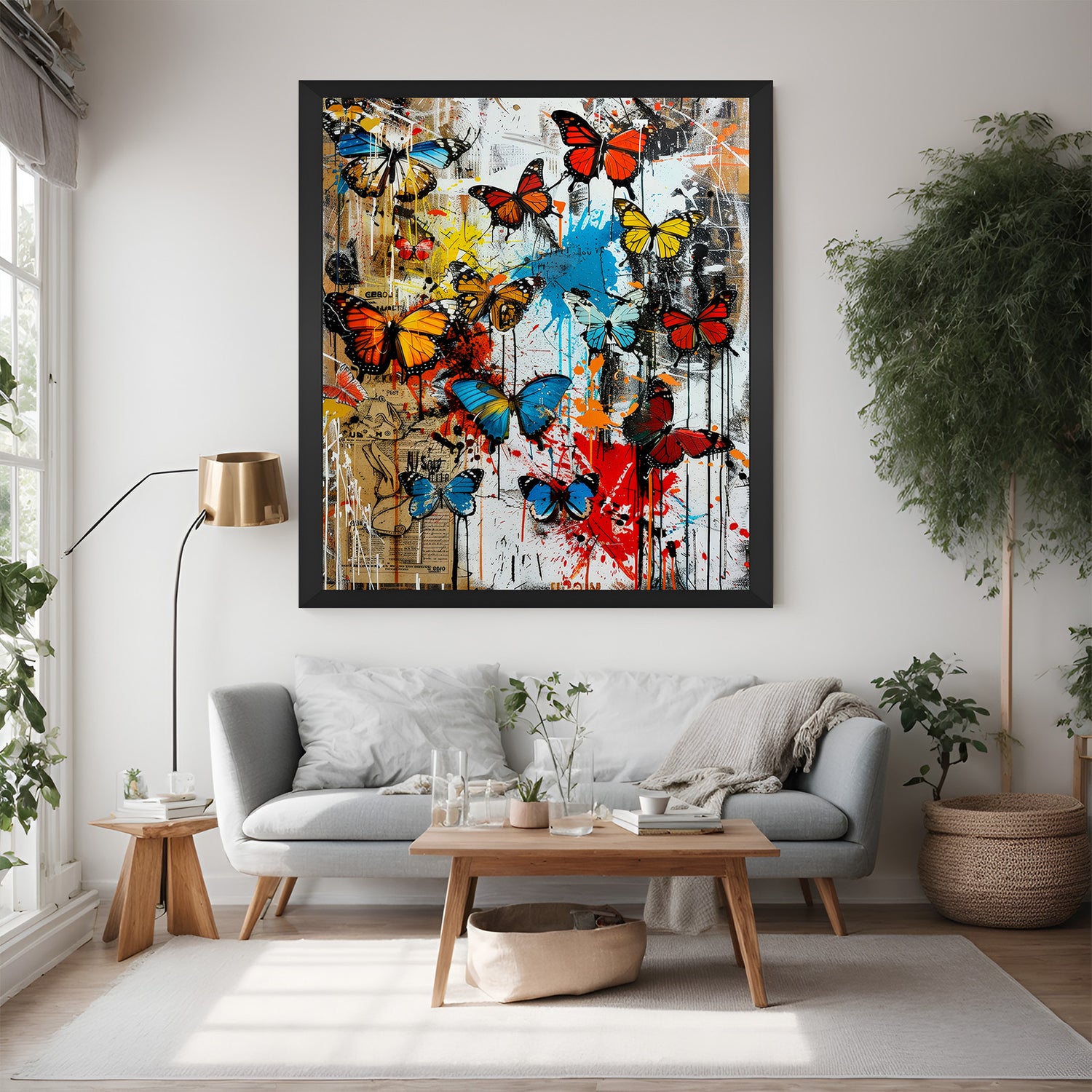 Black frame butterfly abstract wall art – canvas print with vibrant butterflies and color splash effect for stylish interiors