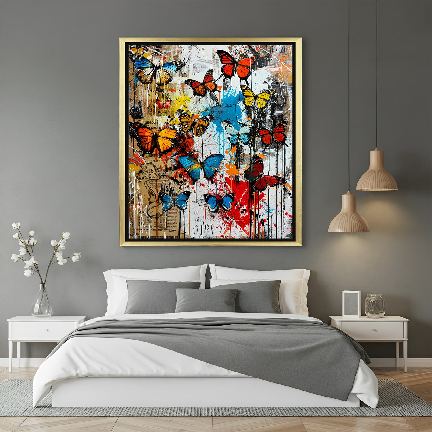 Golden frame abstract butterfly wall art – colorful canvas print with paint splashes and butterflies for elegant home decor