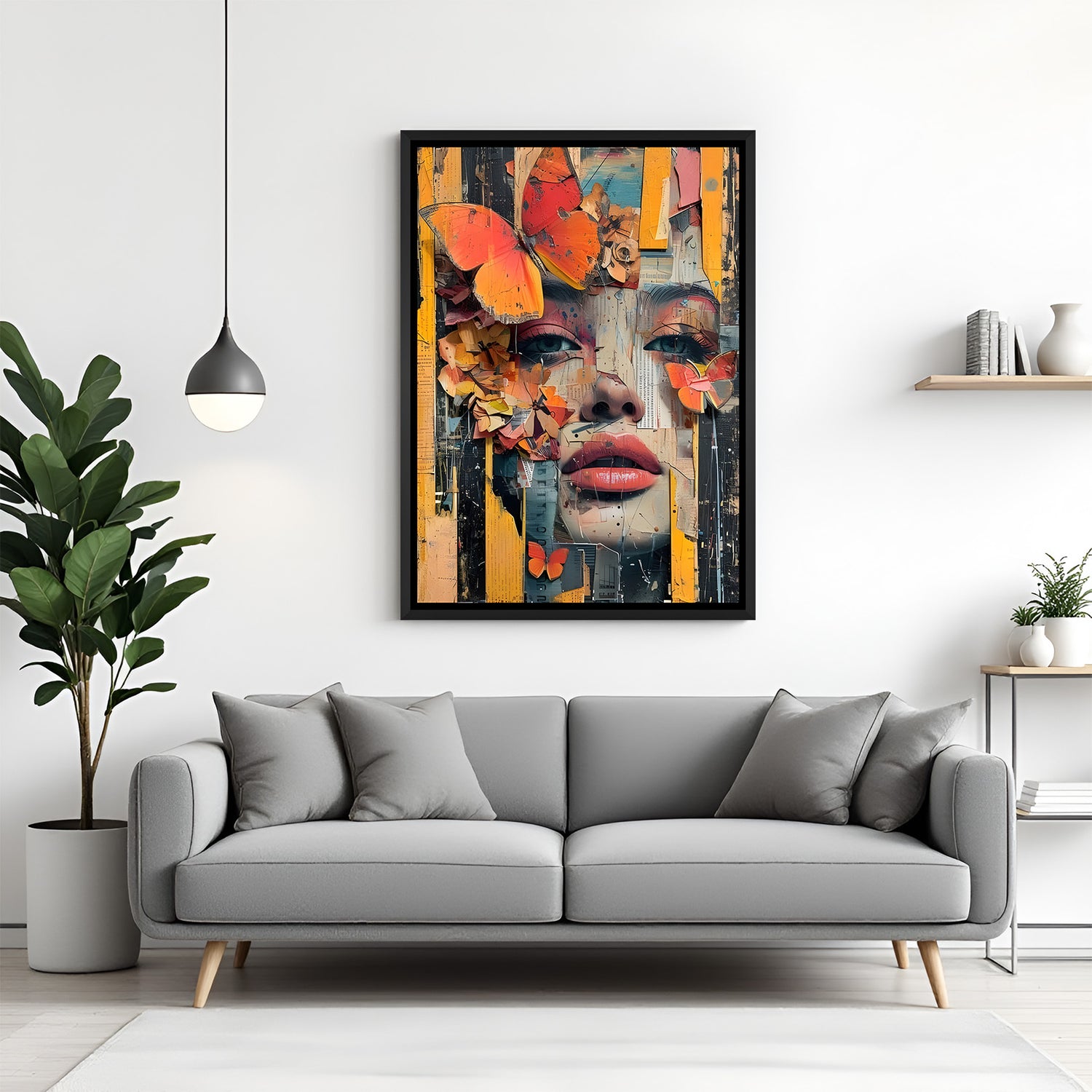 Female face and butterfly modern art canvas in elegant black floater frame for interiors