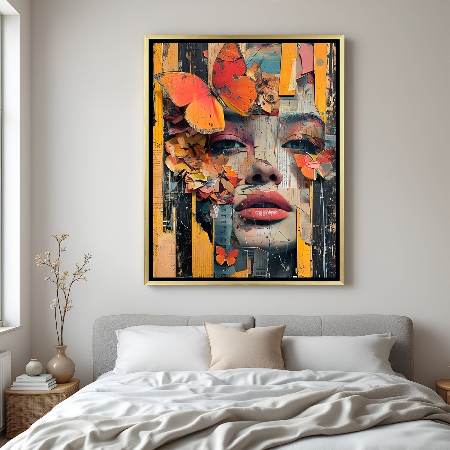 Modern butterfly and female face artwork canvas in luxury golden floater frame