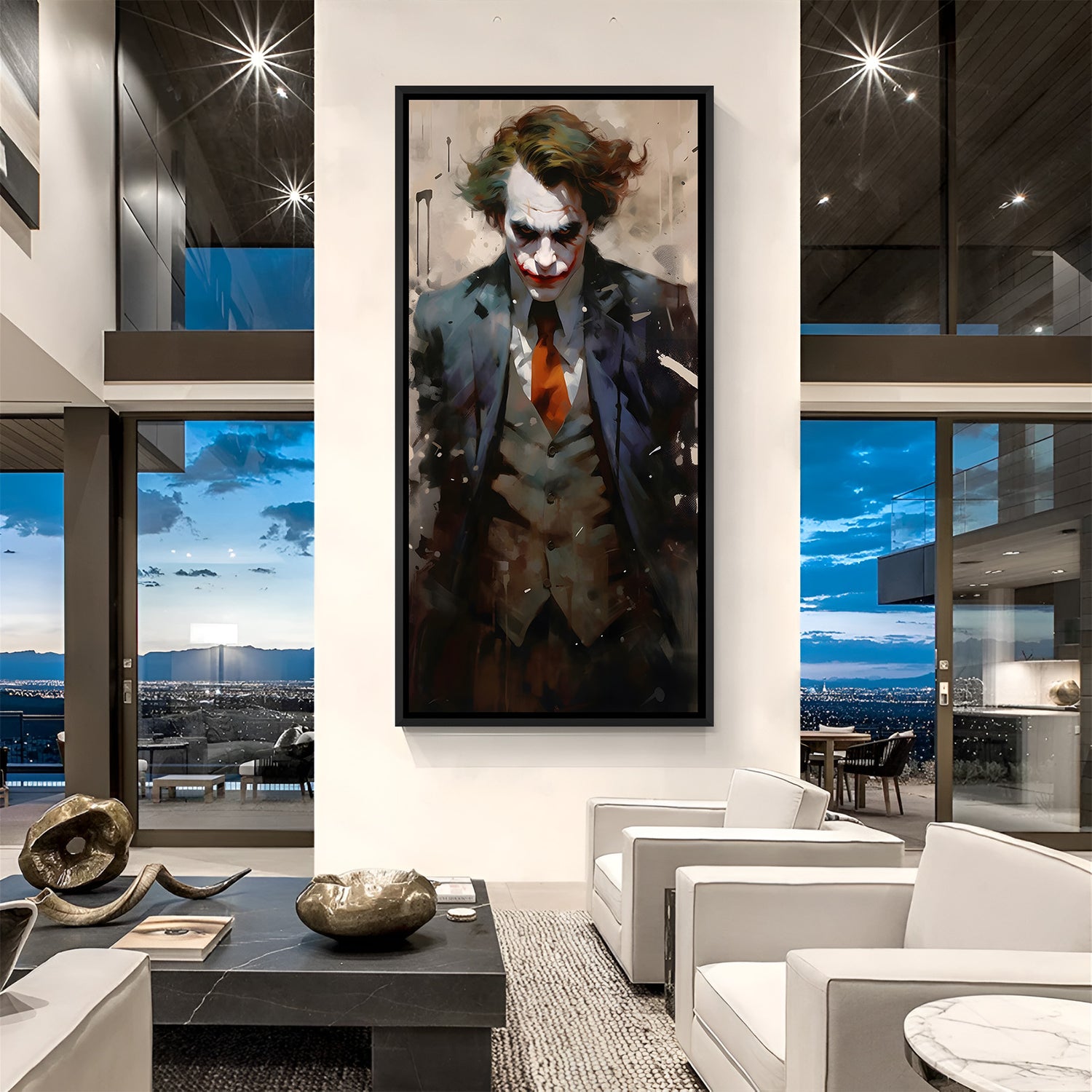 Calm Joker Portrait villain canvas artwork in premium black floater frame