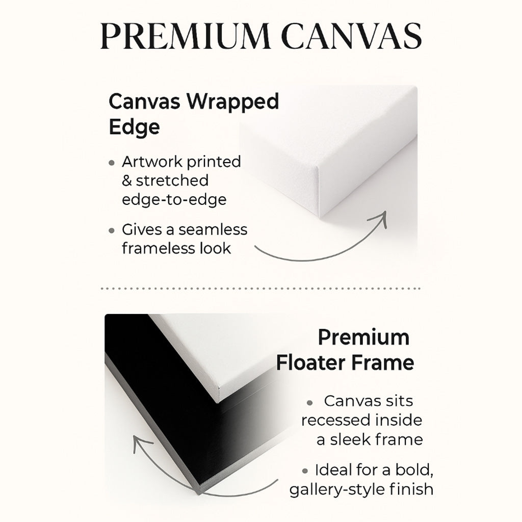 Side-by-side comparison of canvas wrapped and floater frame styles for wall art presentation