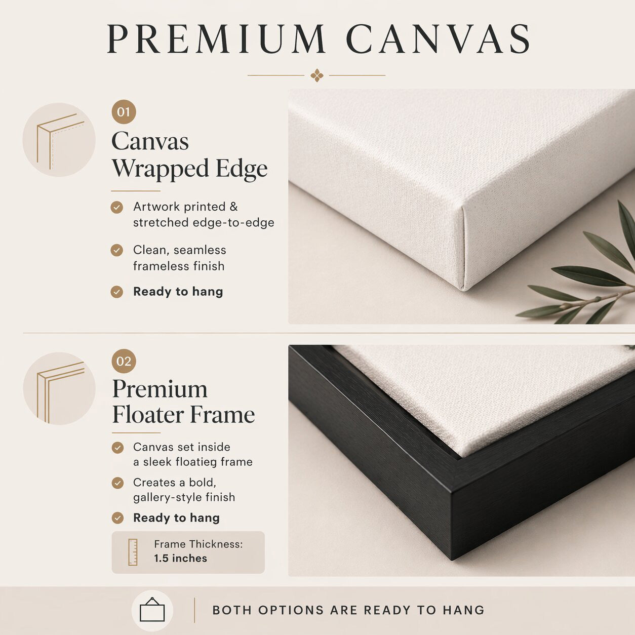Side-by-side comparison of canvas wrapped and floater frame styles for wall art presentation