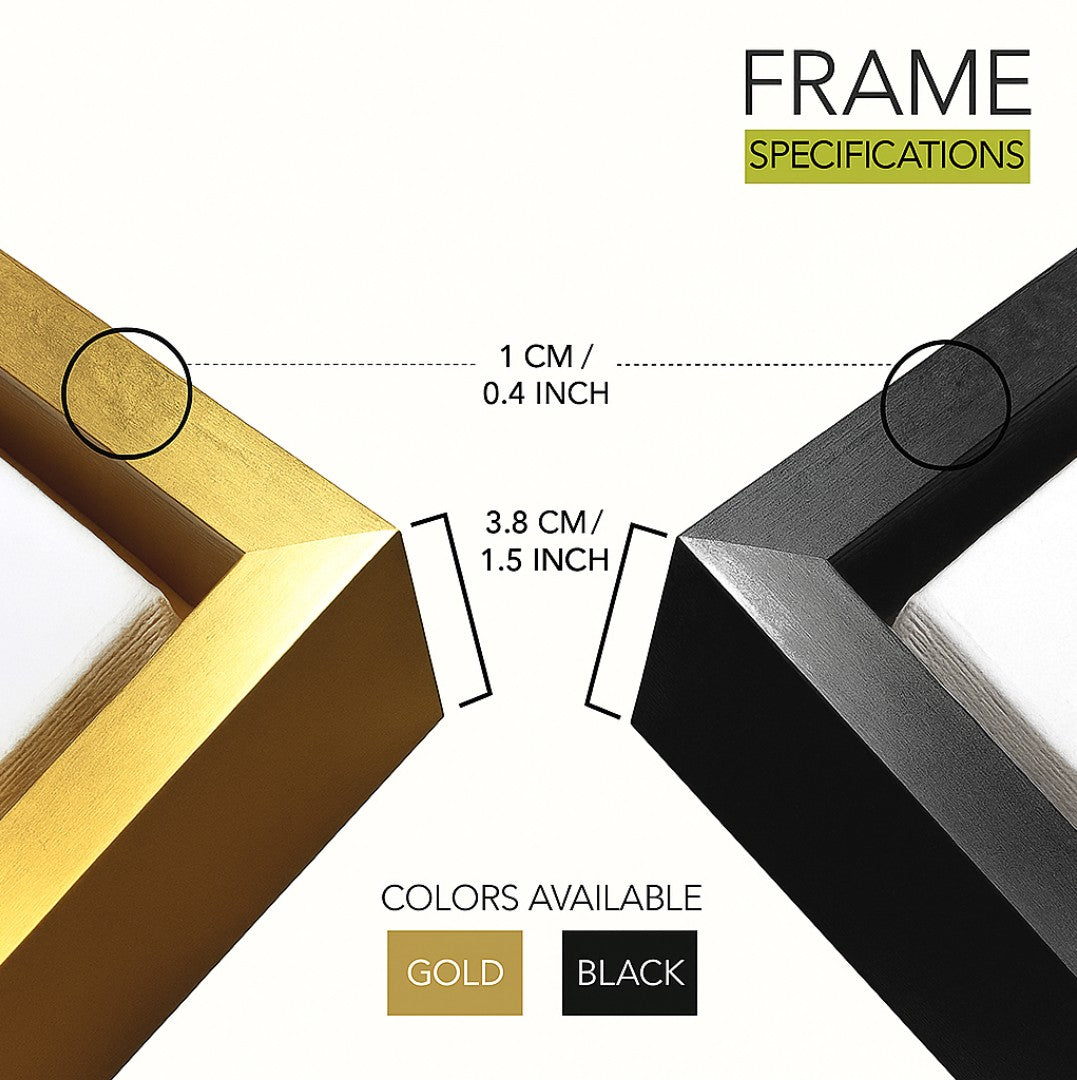 Black and golden floater frame specifications showing depth and thickness for premium canvas wall art.