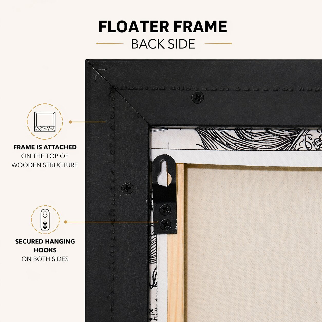 Close-up of secure back hook detail for easy hanging of canvas wall art on any wall surface.