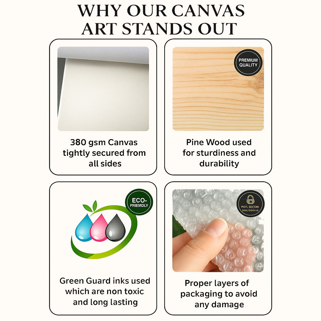 Canvas wall art made with 350 GSM fabric, durable pinewood frame, eco-friendly materials, and bubble wrap packaging.