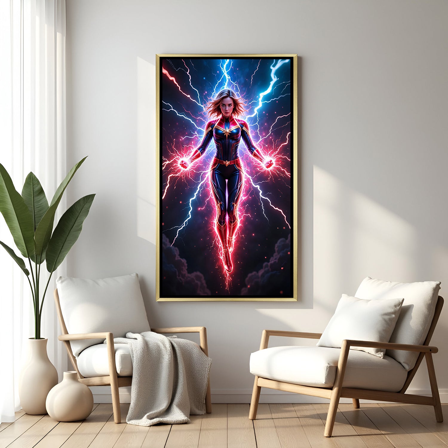 Bold and vibrant Captain Marvel wall art in a golden floater frame – adds elegance and power to any space.