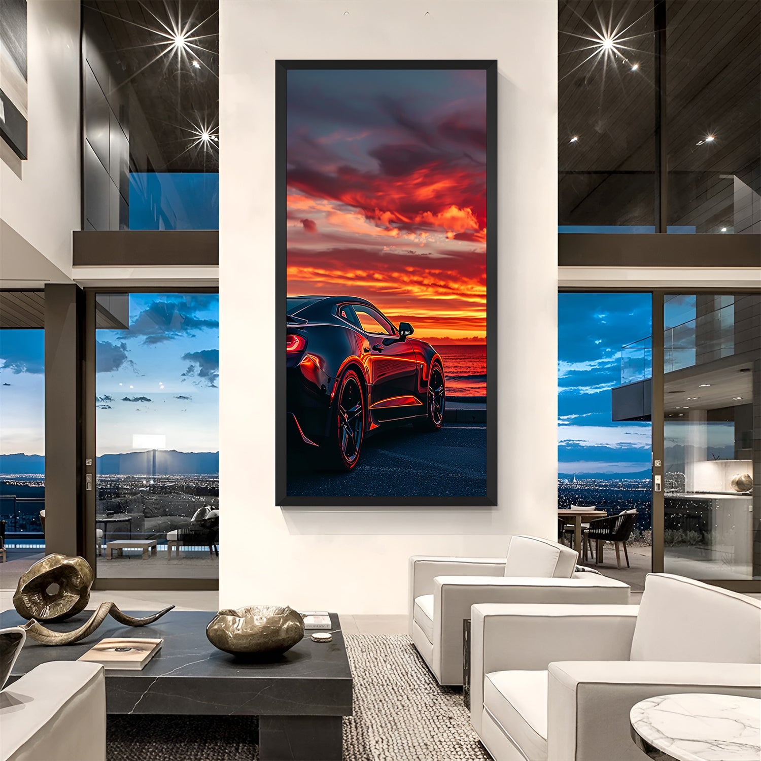 Framed canvas featuring a car's silhouette against a golden sunset, black floater frame adds modern appeal