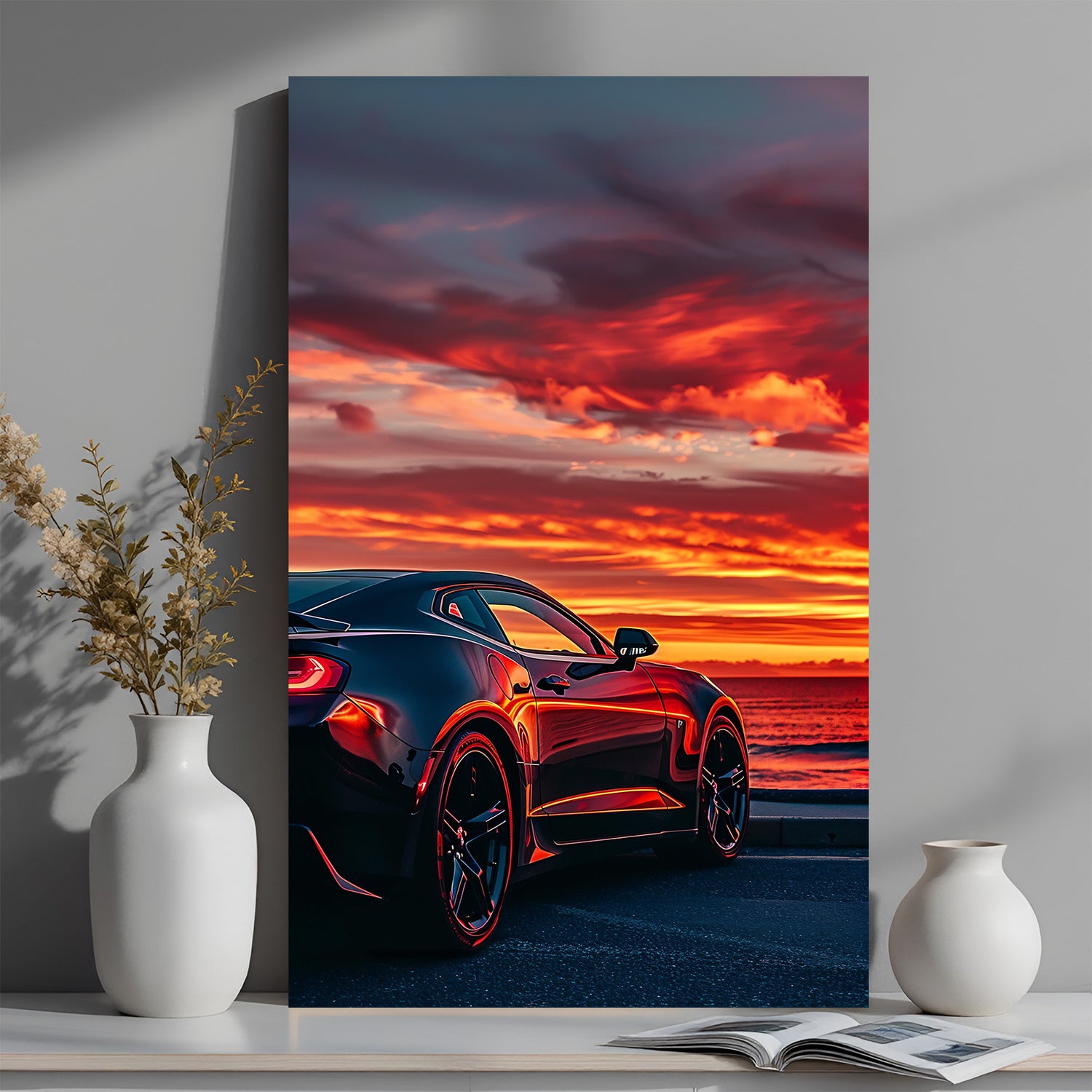 Canvas wall art showing a side view of a stylish car during a breathtaking sunset scene
