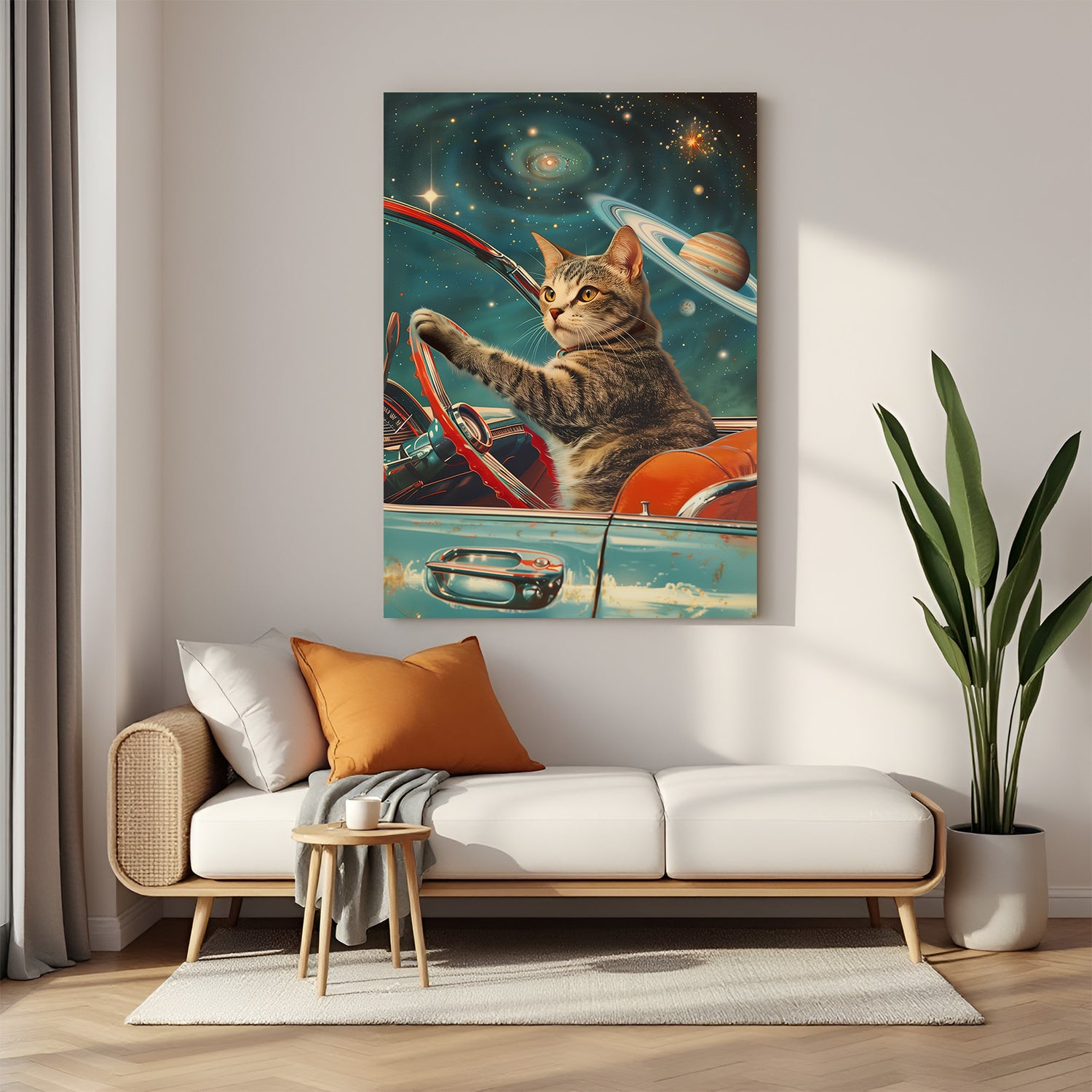 A modern art canvas of a cat driving a car through outer space, surrounded by stars and galaxies—colorful and surreal decor for imaginative interiors