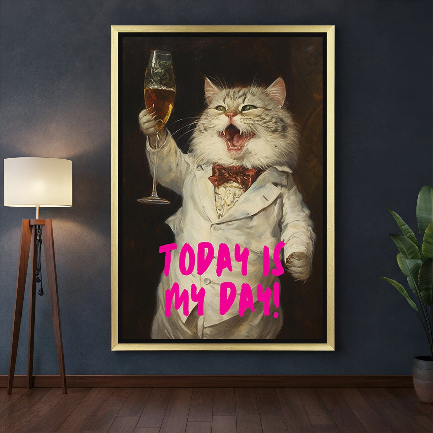Golden-framed modern canvas art of a classy cat holding wine and quote “Today Is My Day” – a premium decor piece for elegant and bold interior styling