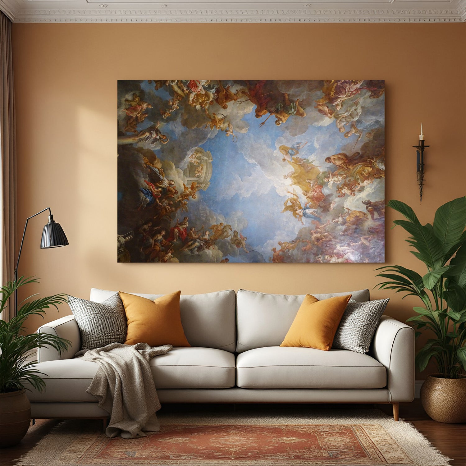 Vintage canvas art of the ceiling painting of Versailles—royal baroque-style ancient wall art with mythological elements