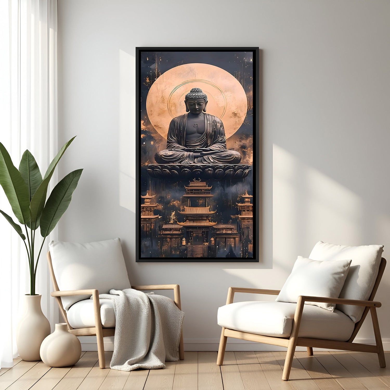 Luxury Buddha temple wall decor in black frame with gold and midnight tones.