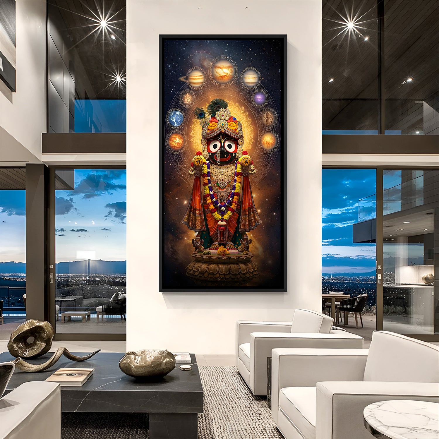 Celestial Lord Jagannath portrait artwork in black floater frame with galaxy and sacred aura.