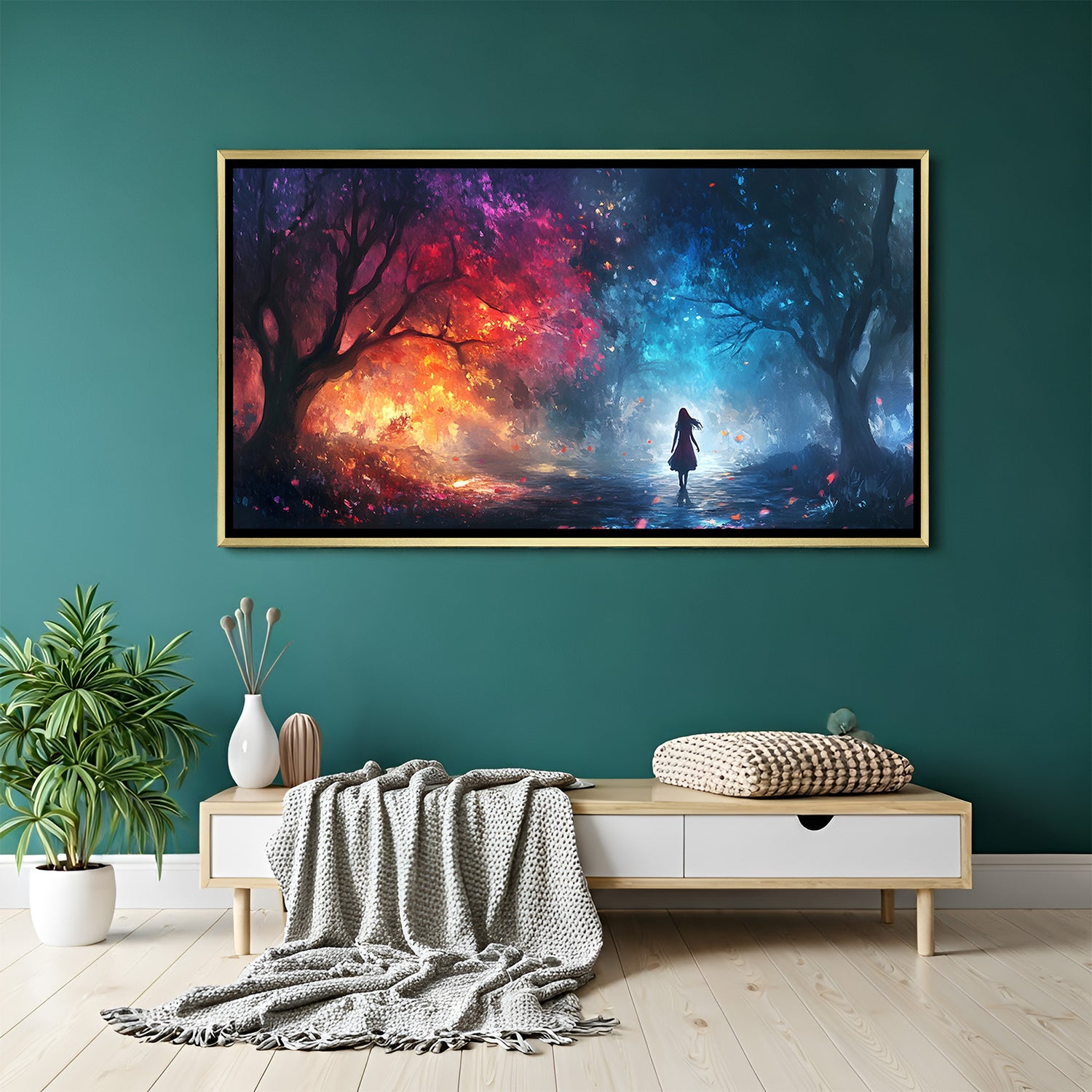 Luxury enchanted forest panoramic wall art in gold floater frame with contrasting warm and cool color tones.